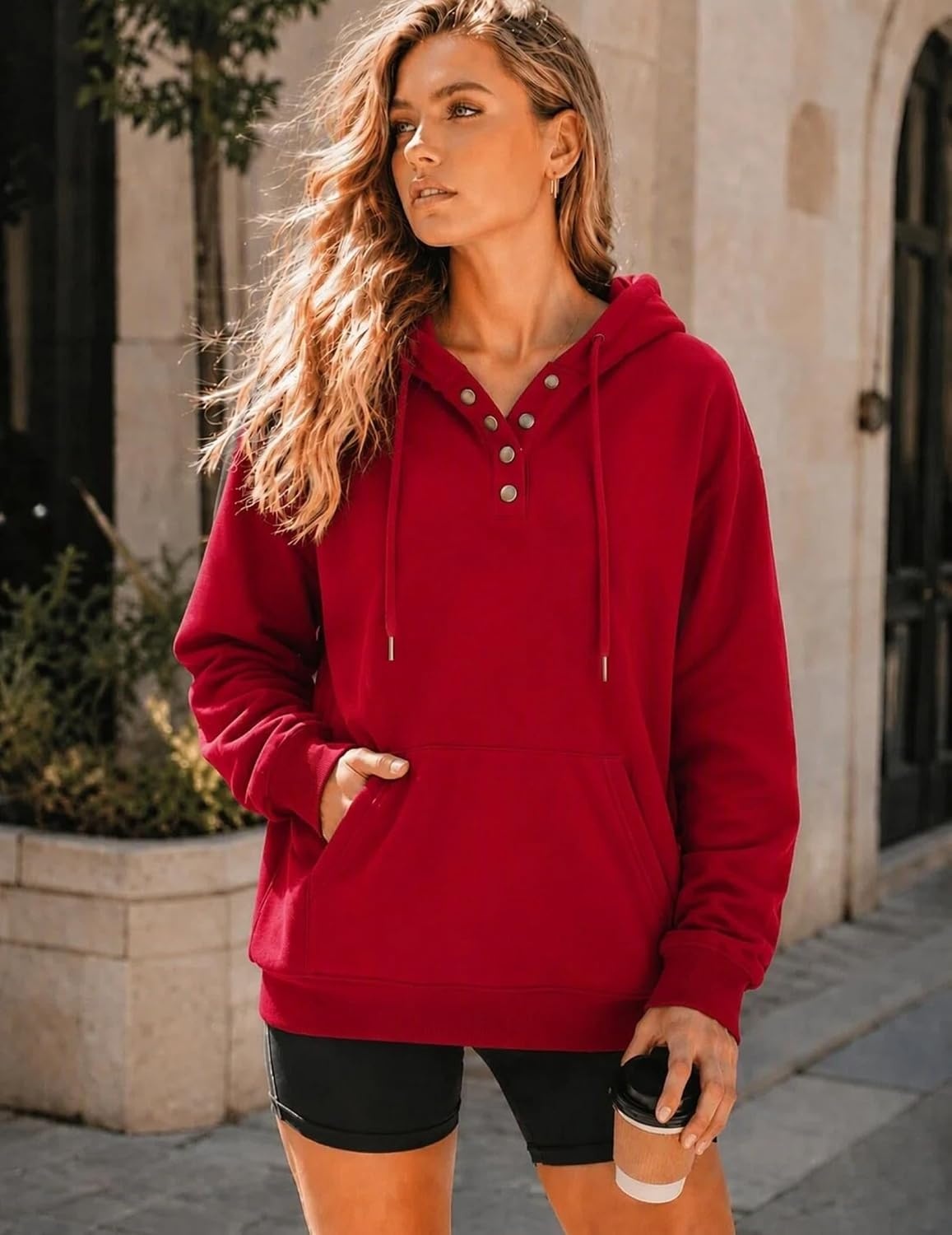 image:imageZeagoo Hoodies for Women Casual Button Sweatshirt Oversized Fall ClothesRed