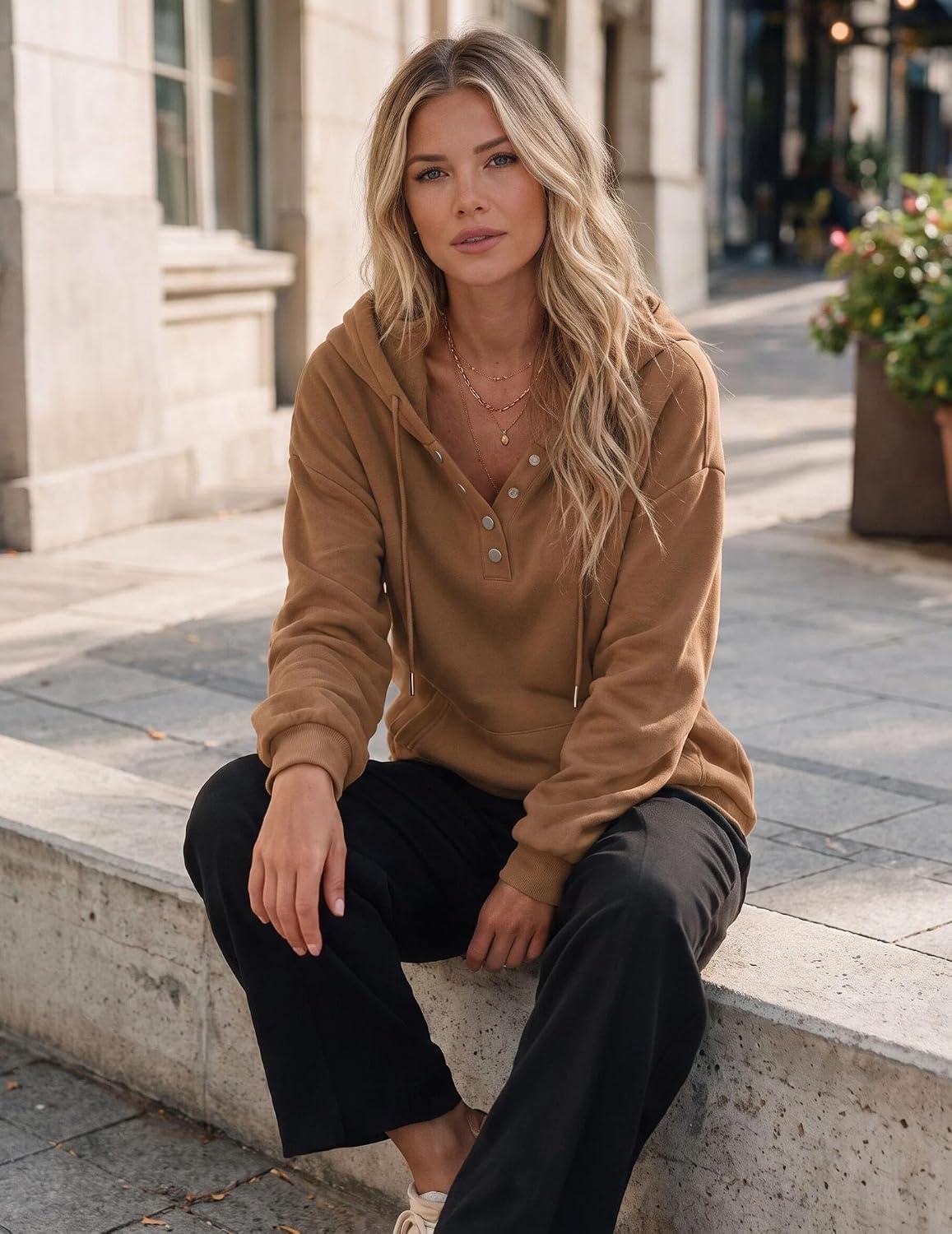 image:imageZeagoo Hoodies for Women Casual Button Sweatshirt Oversized Fall ClothesRoasted Pecan