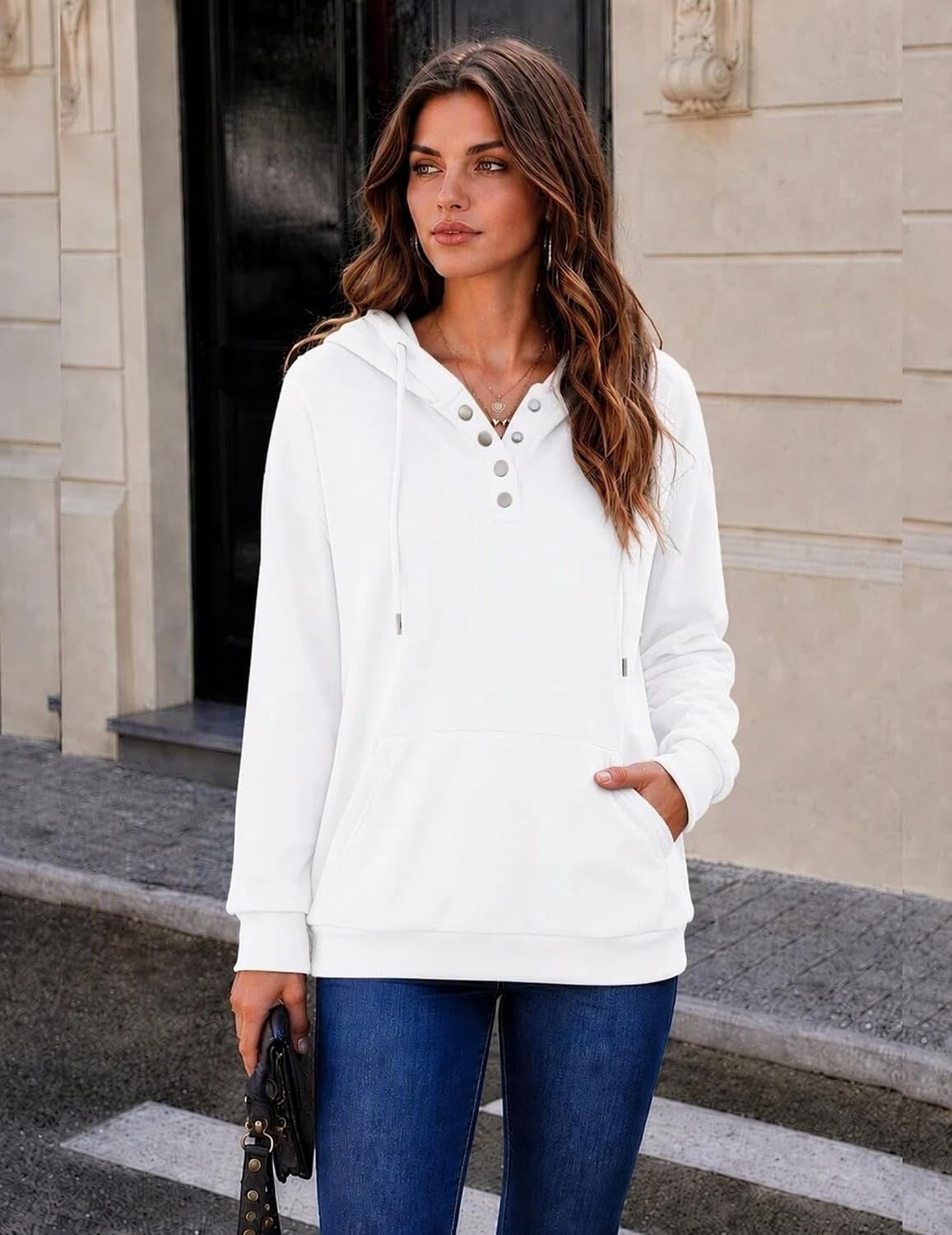 image:imageZeagoo Hoodies for Women Casual Button Sweatshirt Oversized Fall ClothesWhite