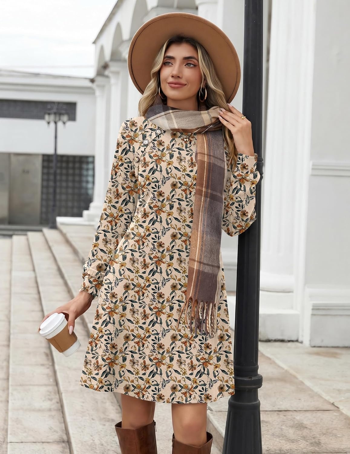 image:imageZeagoo Long Sleeve Tunic Dress Button Crew Neck Casual Fall ALine DressApricot Floral