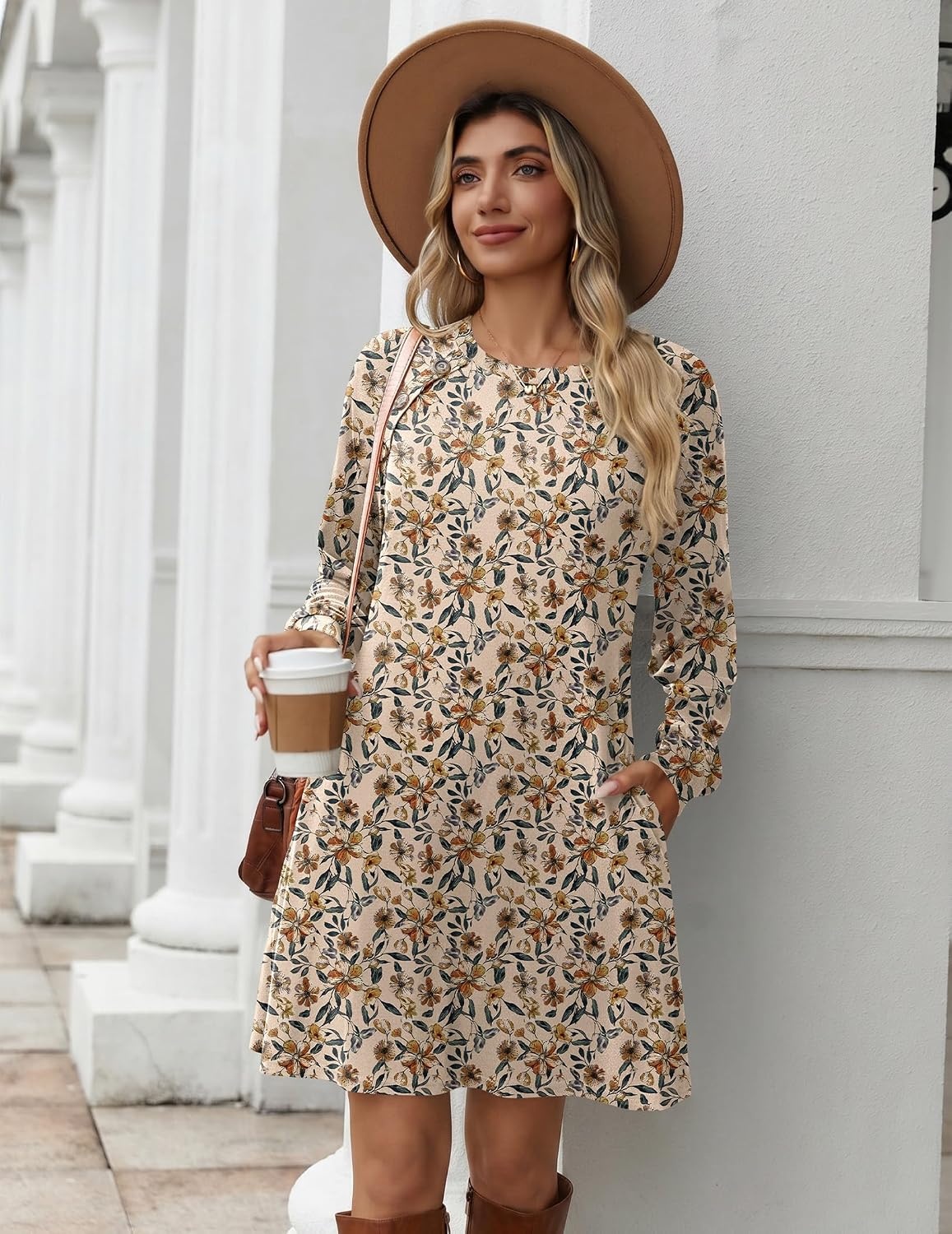 image:imageZeagoo Long Sleeve Tunic Dress Button Crew Neck Casual Fall ALine DressApricot Floral