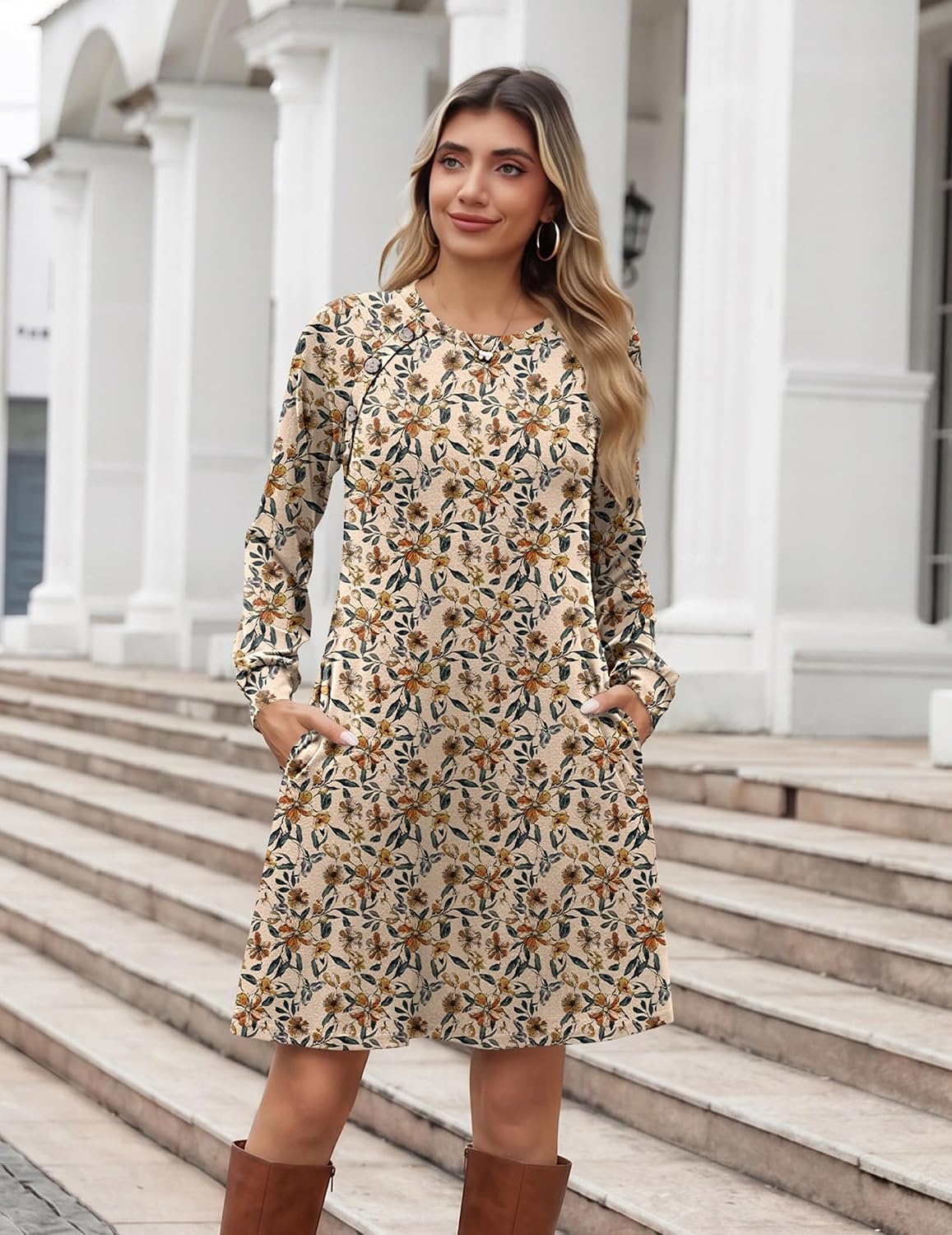 image:imageZeagoo Long Sleeve Tunic Dress Button Crew Neck Casual Fall ALine DressApricot Floral