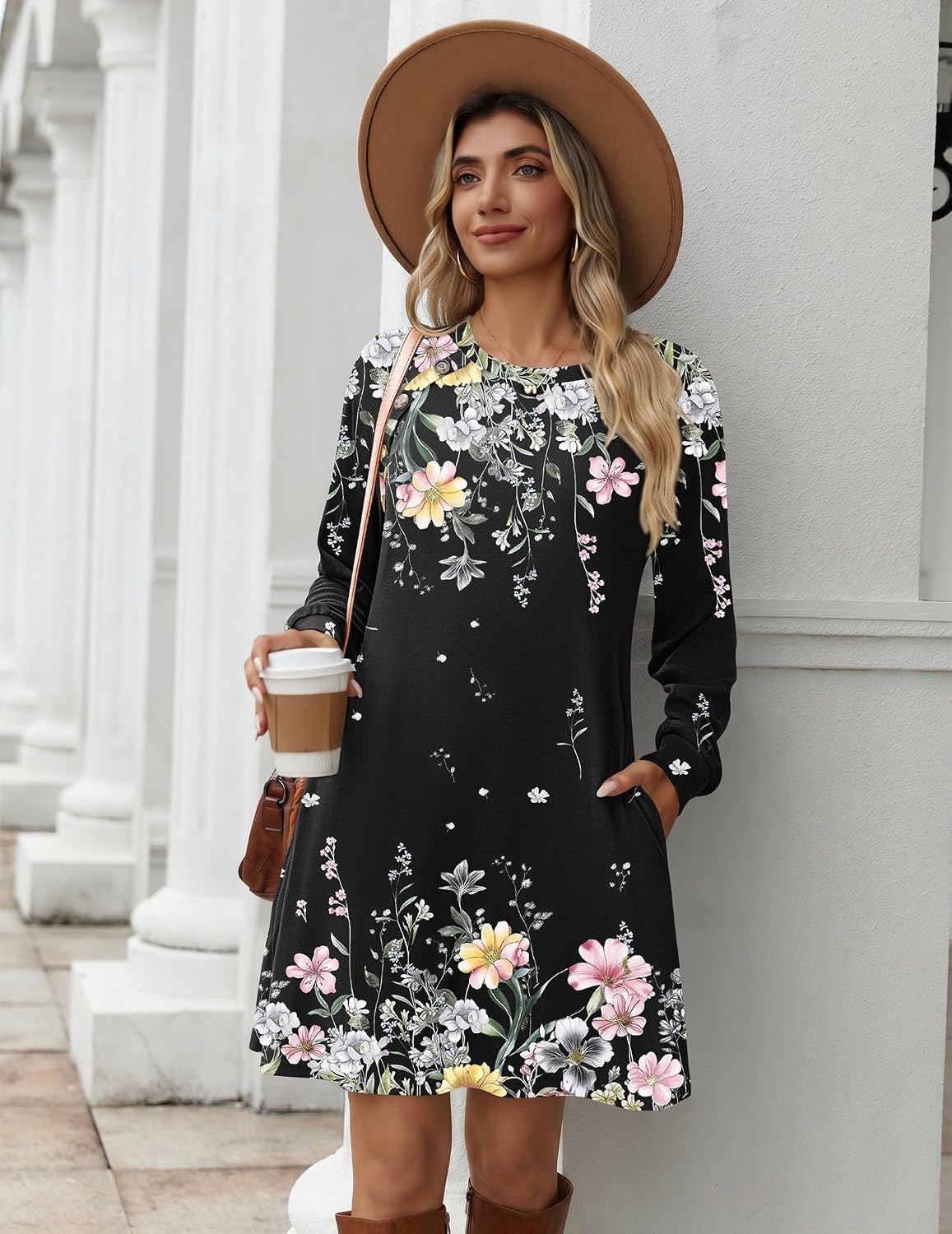 image:imageZeagoo Long Sleeve Tunic Dress Button Crew Neck Casual Fall ALine DressBlack Floral