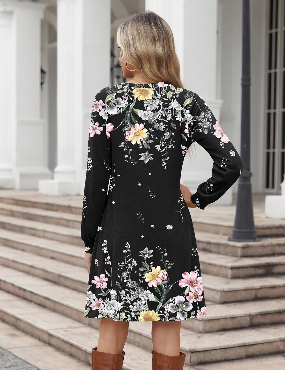 image:imageZeagoo Long Sleeve Tunic Dress Button Crew Neck Casual Fall ALine DressBlack Floral