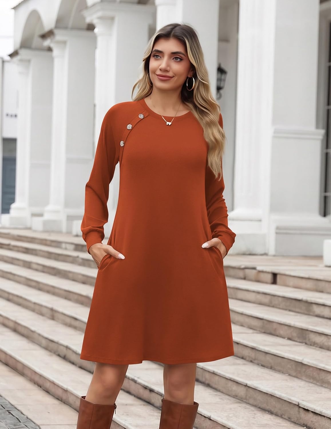 image:imageZeagoo Long Sleeve Tunic Dress Button Crew Neck Casual Fall ALine DressCaramel