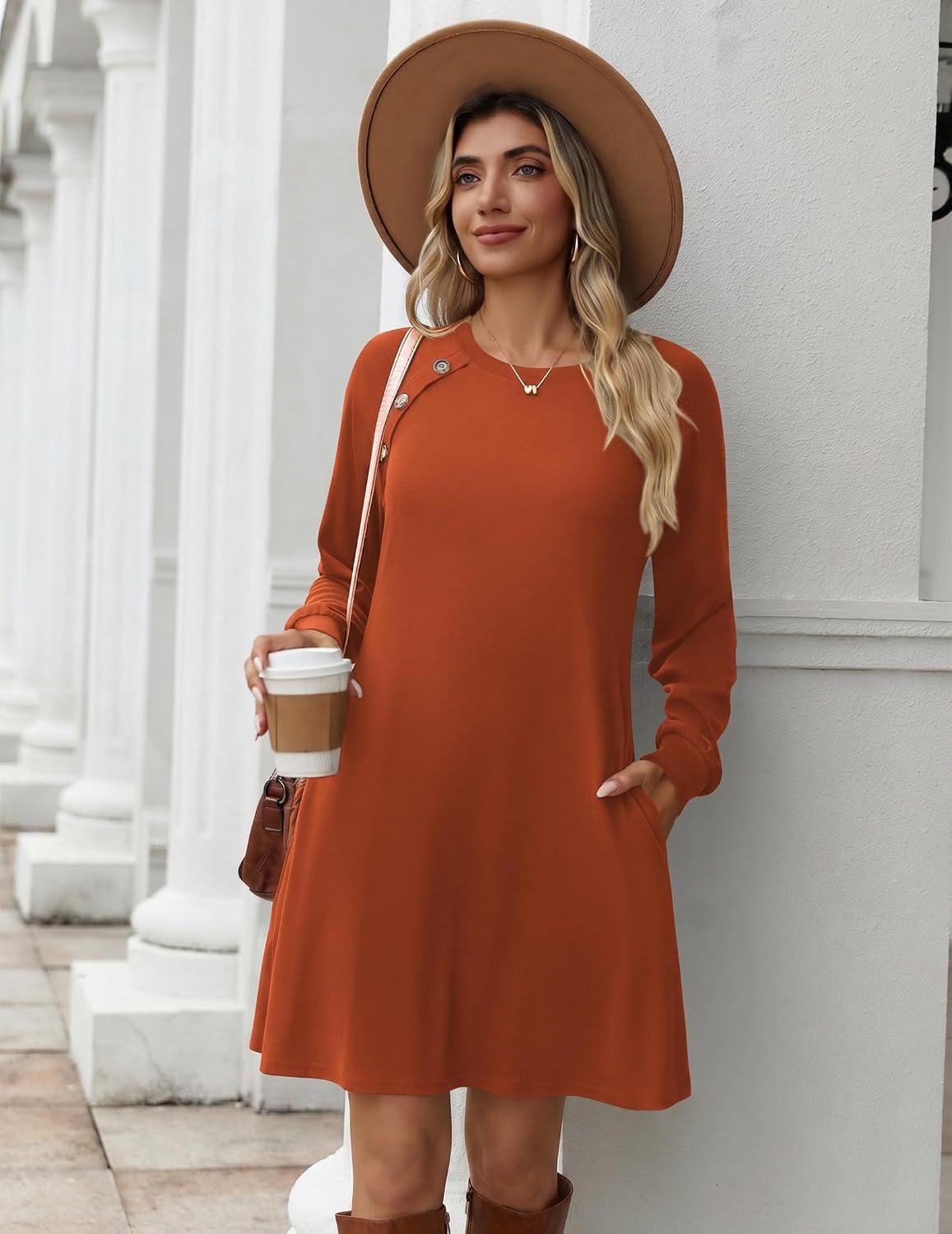 image:imageZeagoo Long Sleeve Tunic Dress Button Crew Neck Casual Fall ALine DressCaramel