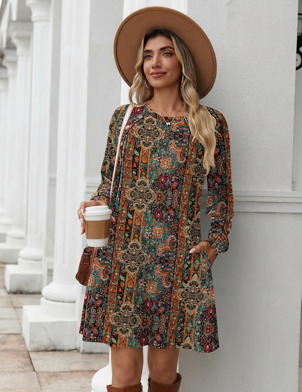 image:imageZeagoo Long Sleeve Tunic Dress Button Crew Neck Casual Fall ALine DressChic Printed