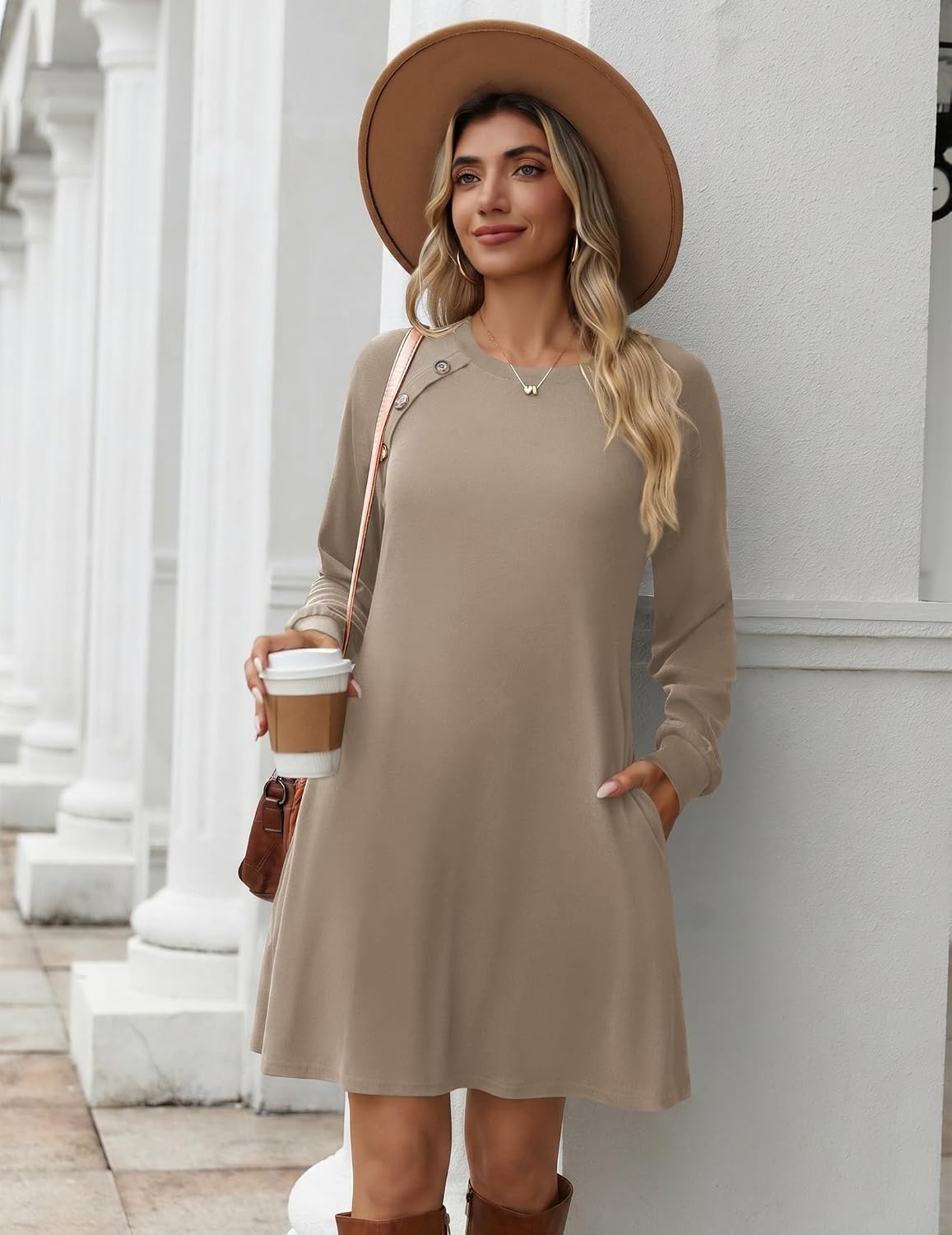 image:imageZeagoo Long Sleeve Tunic Dress Button Crew Neck Casual Fall ALine DressKhaki