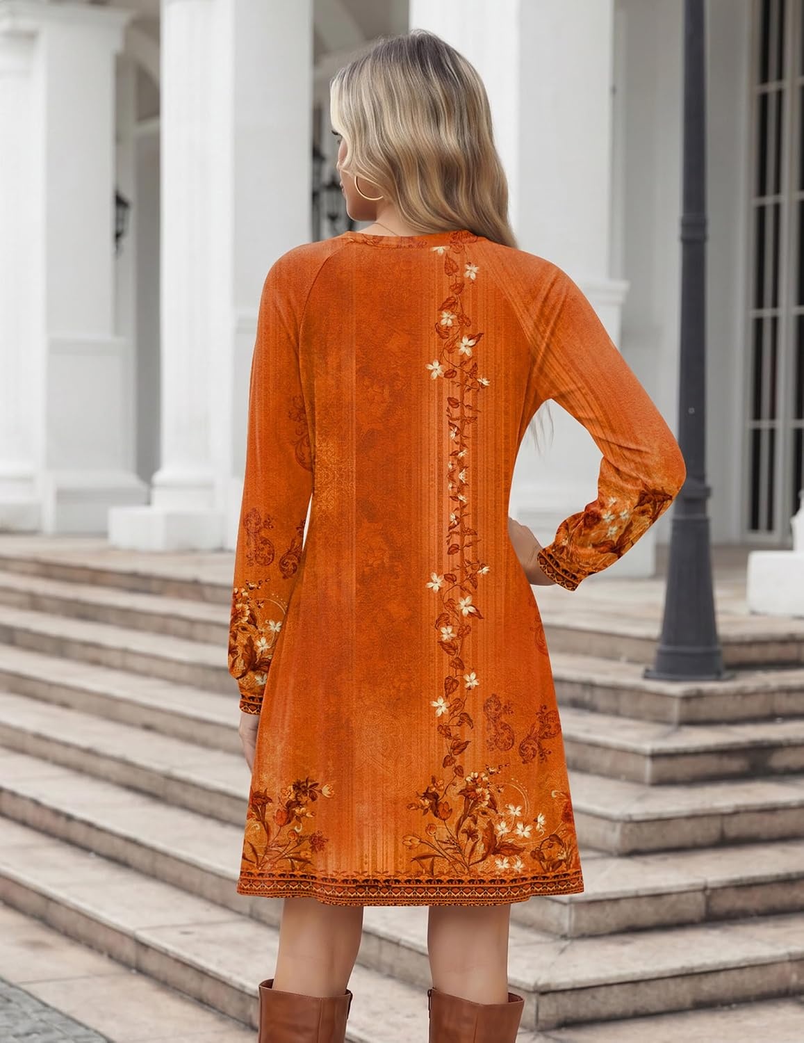 image:imageZeagoo Long Sleeve Tunic Dress Button Crew Neck Casual Fall ALine DressOrange Floral