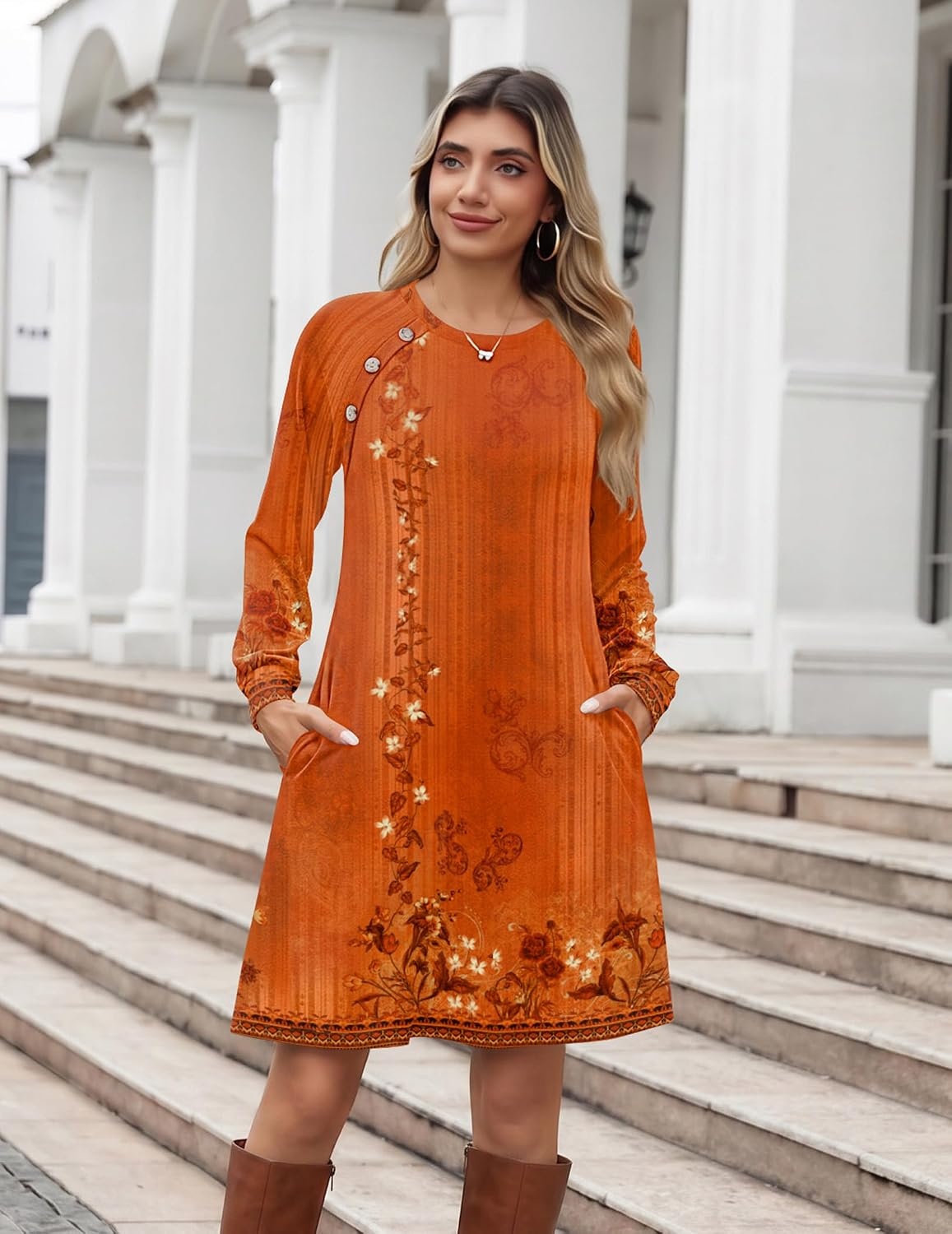 image:imageZeagoo Long Sleeve Tunic Dress Button Crew Neck Casual Fall ALine DressOrange Floral