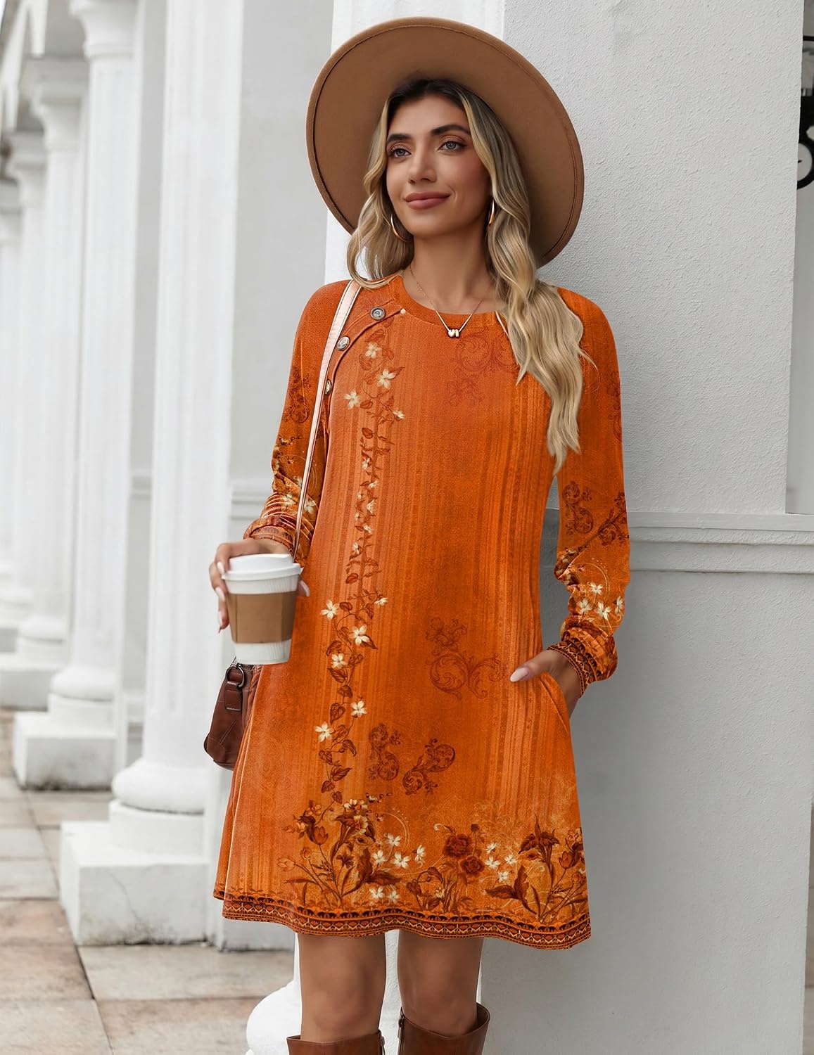 image:imageZeagoo Long Sleeve Tunic Dress Button Crew Neck Casual Fall ALine DressOrange Floral