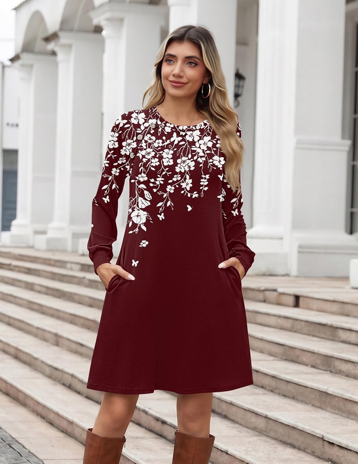 image:imageZeagoo Long Sleeve Tunic Dress Button Crew Neck Casual Fall ALine DressRed Floral