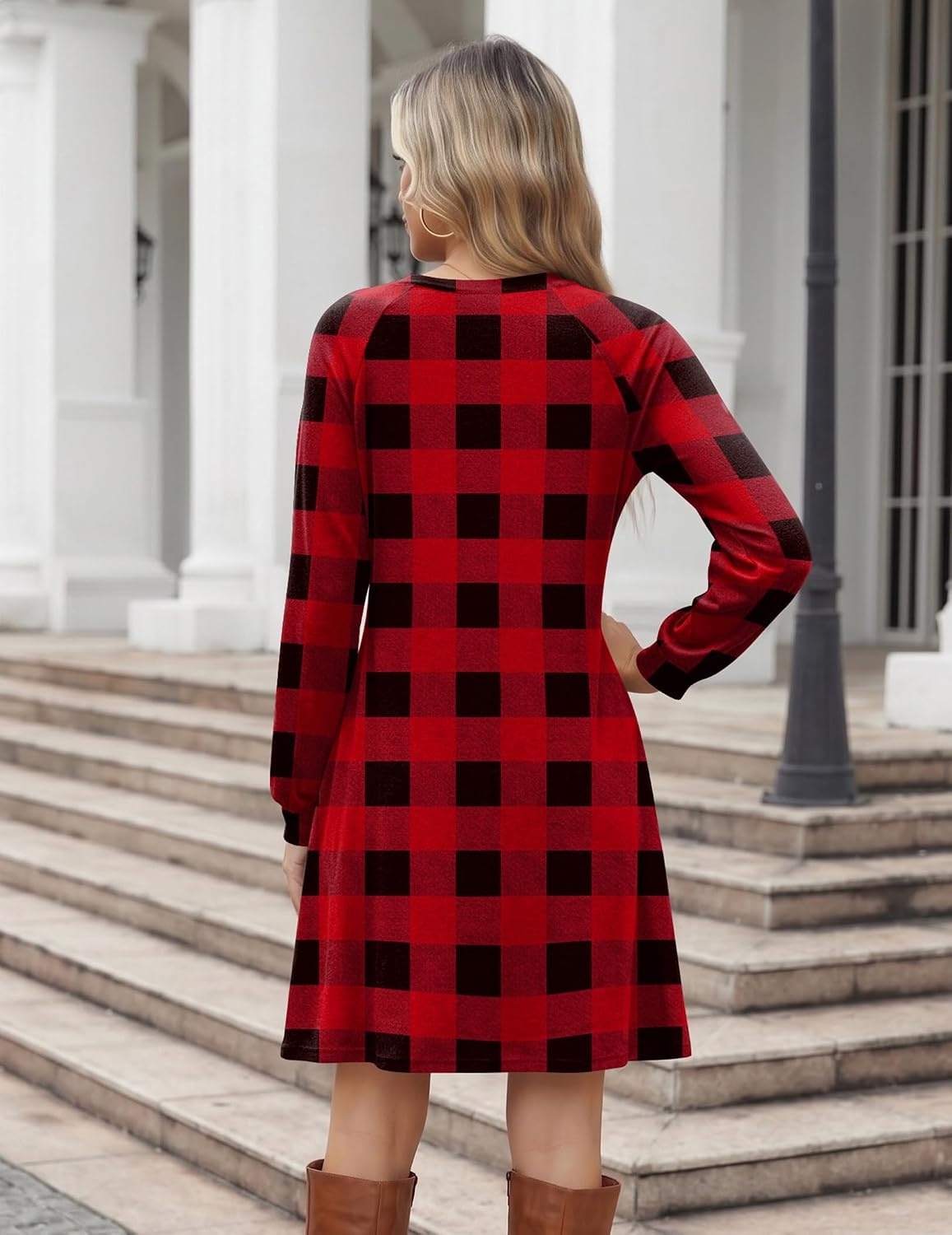 image:imageZeagoo Long Sleeve Tunic Dress Button Crew Neck Casual Fall ALine DressRed Plaid