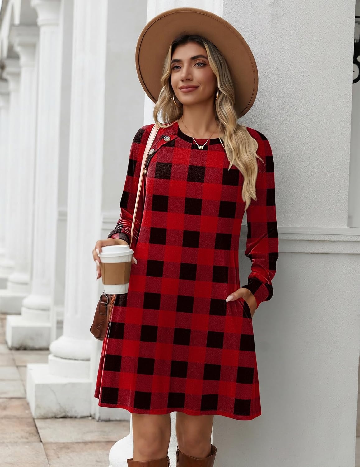 image:imageZeagoo Long Sleeve Tunic Dress Button Crew Neck Casual Fall ALine DressRed Plaid