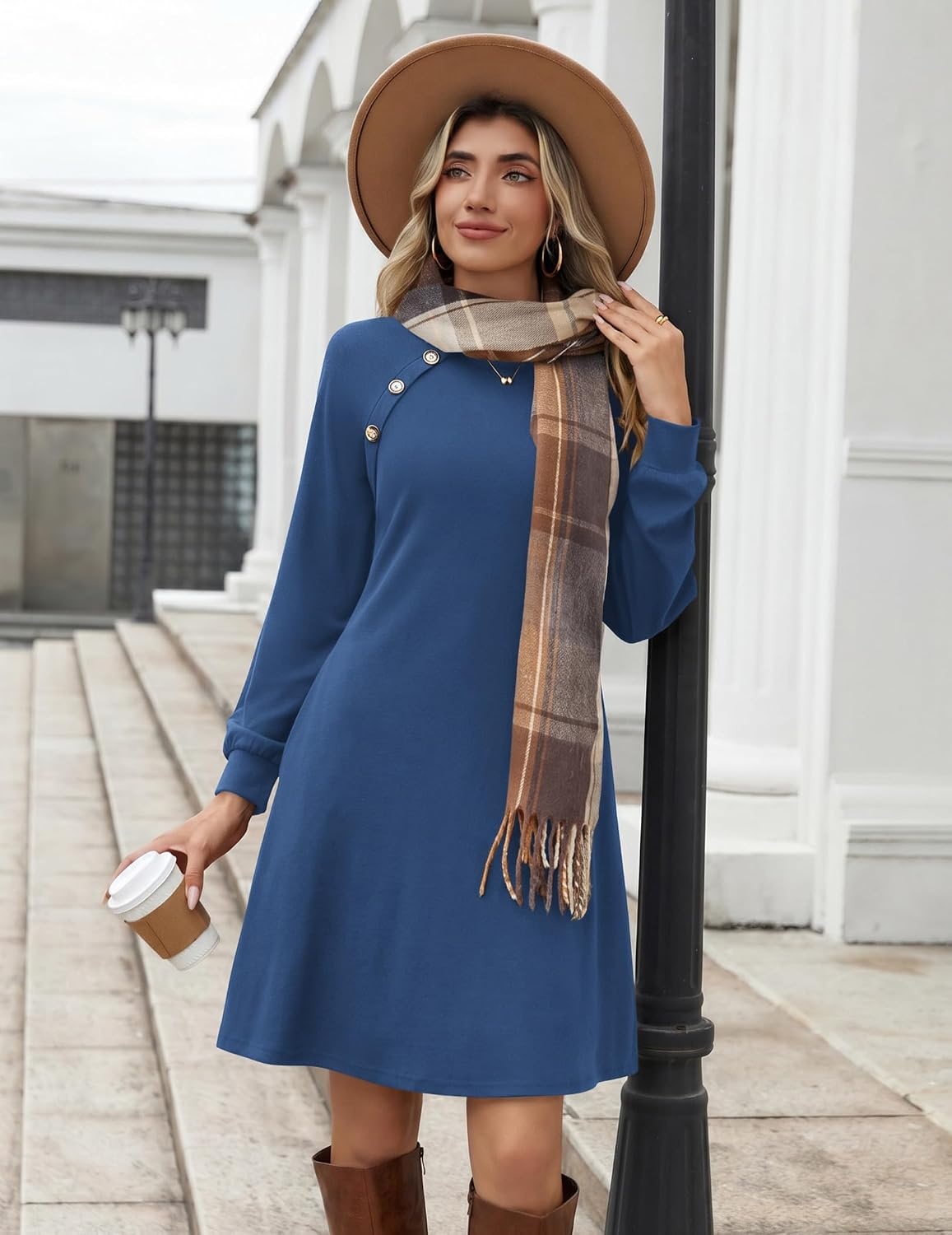 image:imageZeagoo Long Sleeve Tunic Dress Button Crew Neck Casual Fall ALine DressSolid Blue