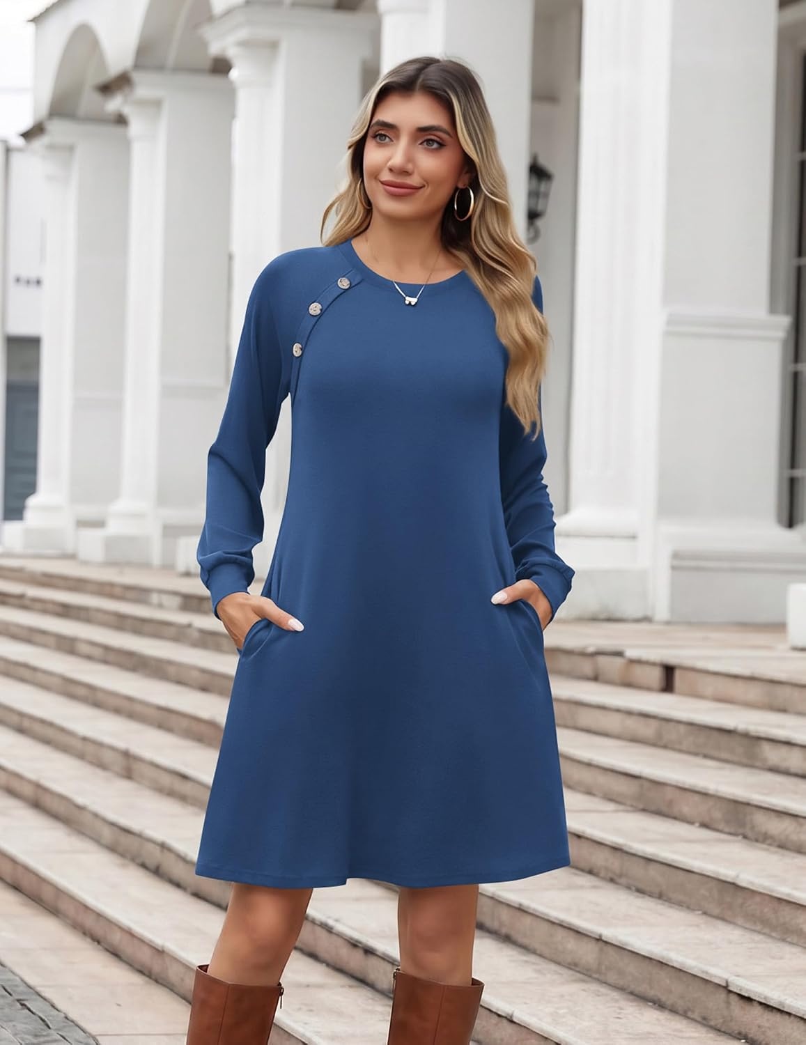 image:imageZeagoo Long Sleeve Tunic Dress Button Crew Neck Casual Fall ALine DressSolid Blue