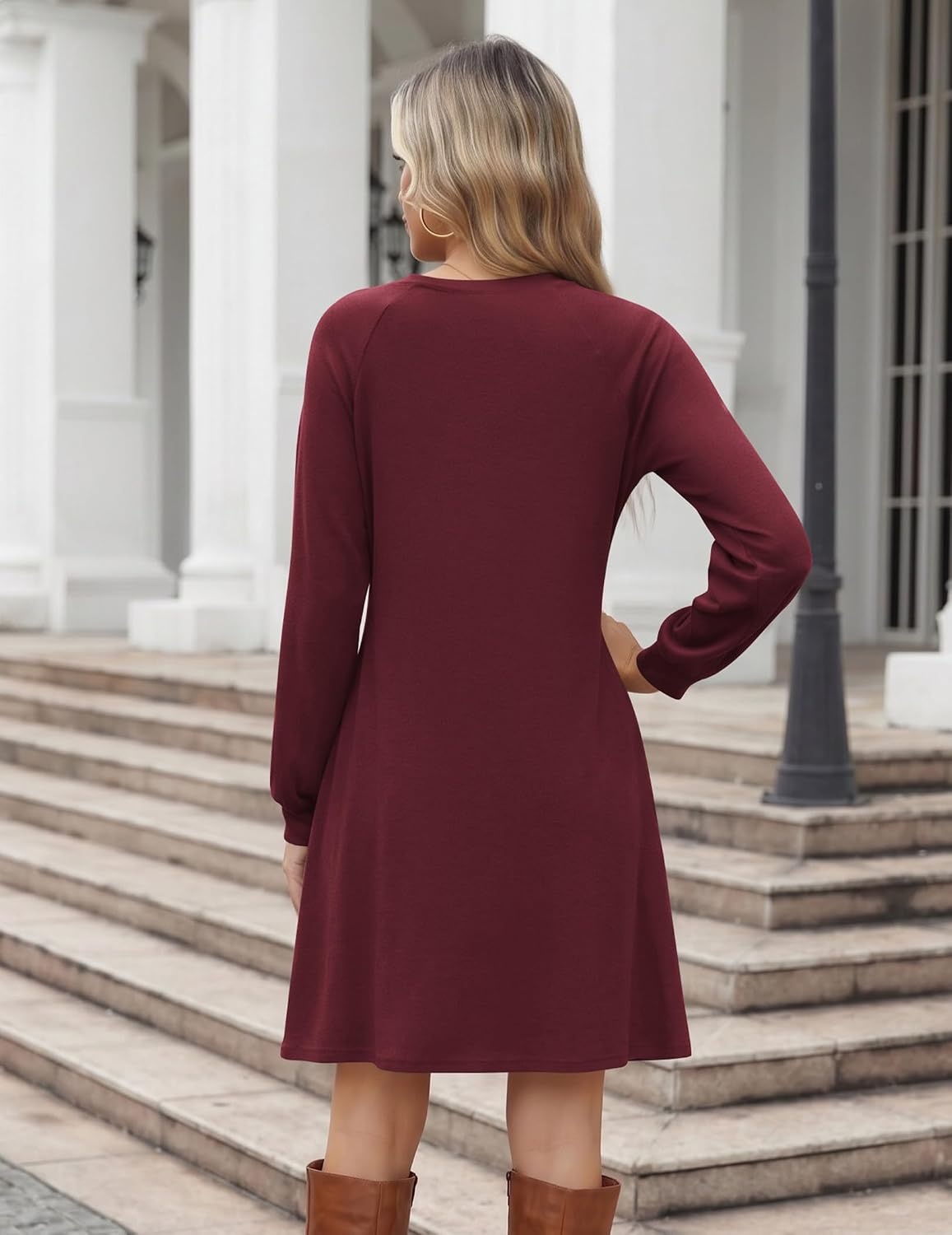 image:imageZeagoo Long Sleeve Tunic Dress Button Crew Neck Casual Fall ALine DressWine Red