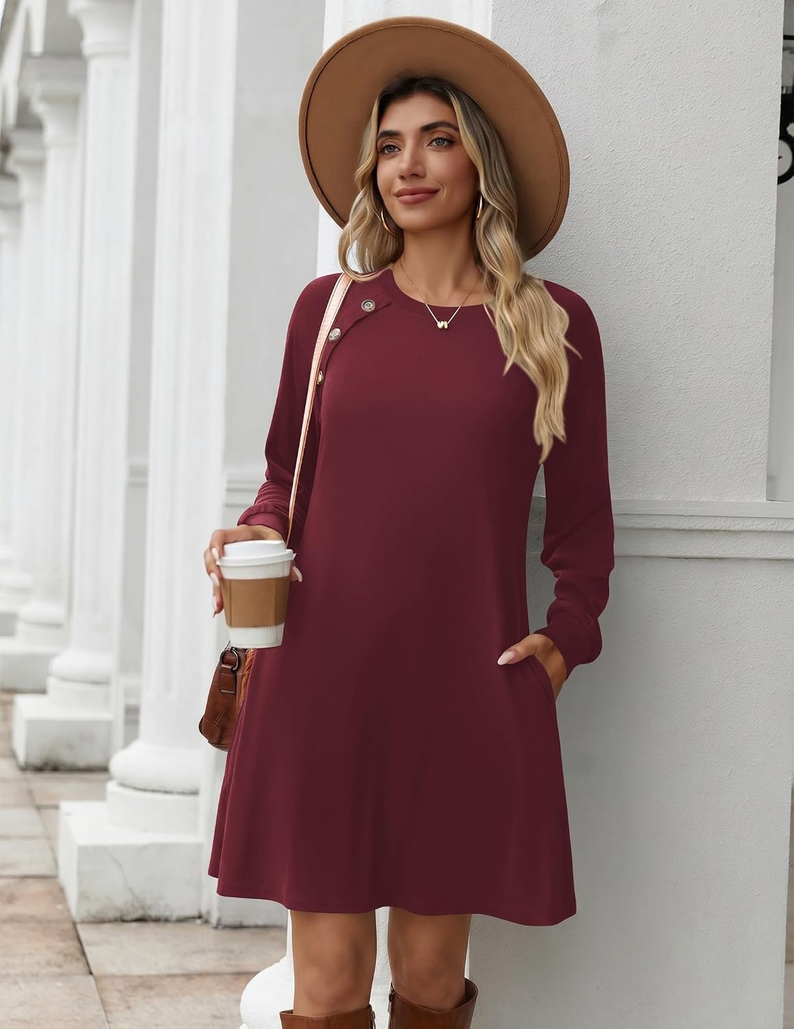 image:imageZeagoo Long Sleeve Tunic Dress Button Crew Neck Casual Fall ALine DressWine Red