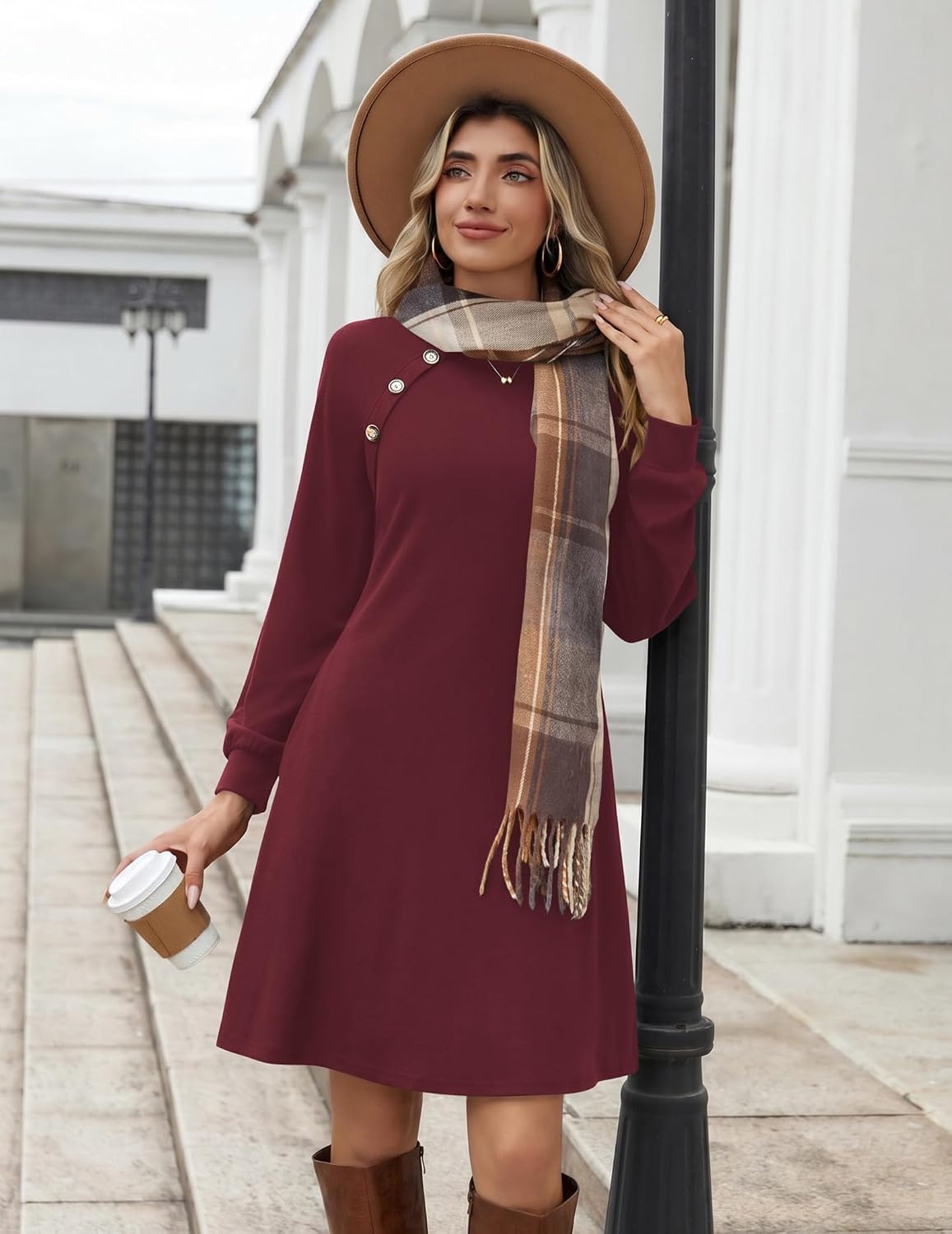 image:imageZeagoo Long Sleeve Tunic Dress Button Crew Neck Casual Fall ALine DressWine Red