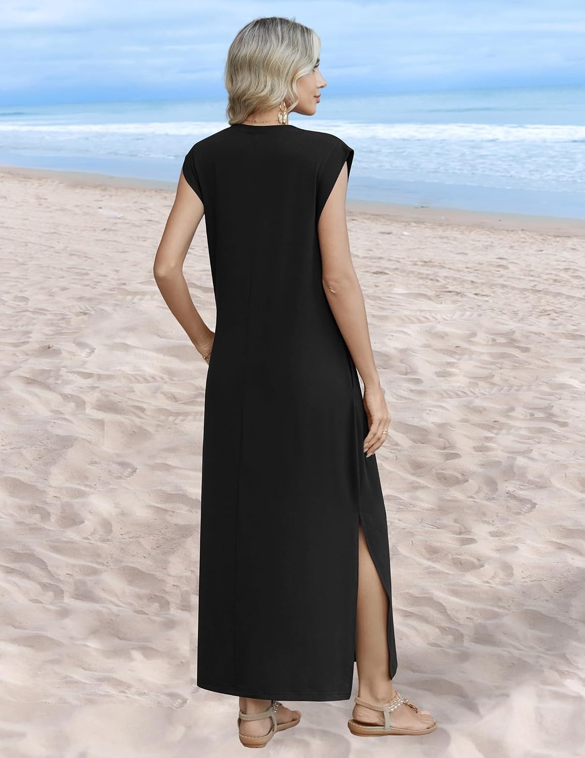 image:imageZeagoo Summer Dresses for Women 2026 Long Maxi Sundresses Loose Split WrinkleFree Beach Travel Vacation ClothesA01black