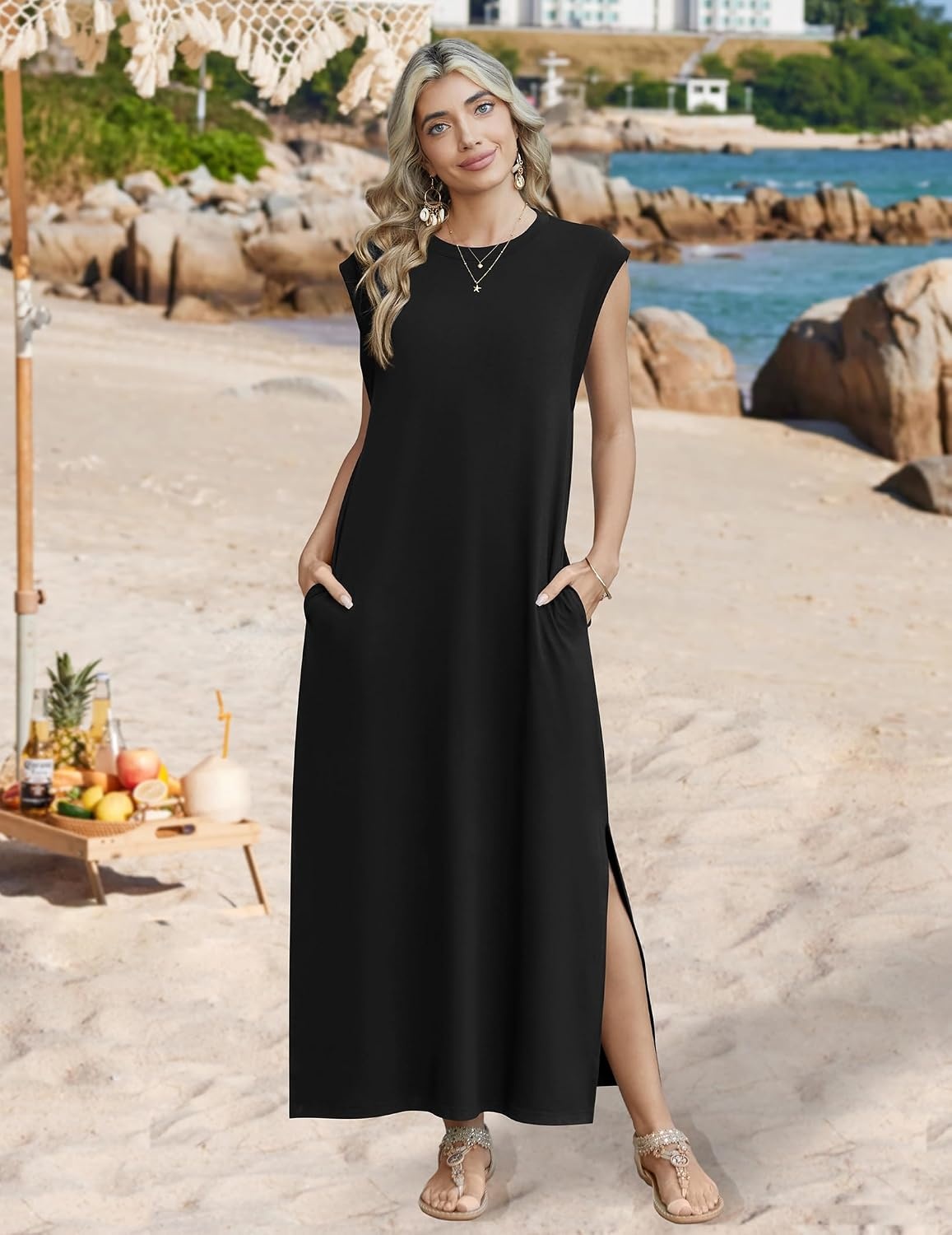image:imageZeagoo Summer Dresses for Women 2026 Long Maxi Sundresses Loose Split WrinkleFree Beach Travel Vacation ClothesA01black