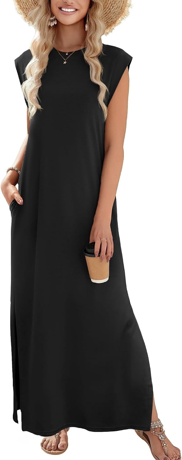 image:imageZeagoo Summer Dresses for Women 2026 Long Maxi Sundresses Loose Split WrinkleFree Beach Travel Vacation ClothesA01black