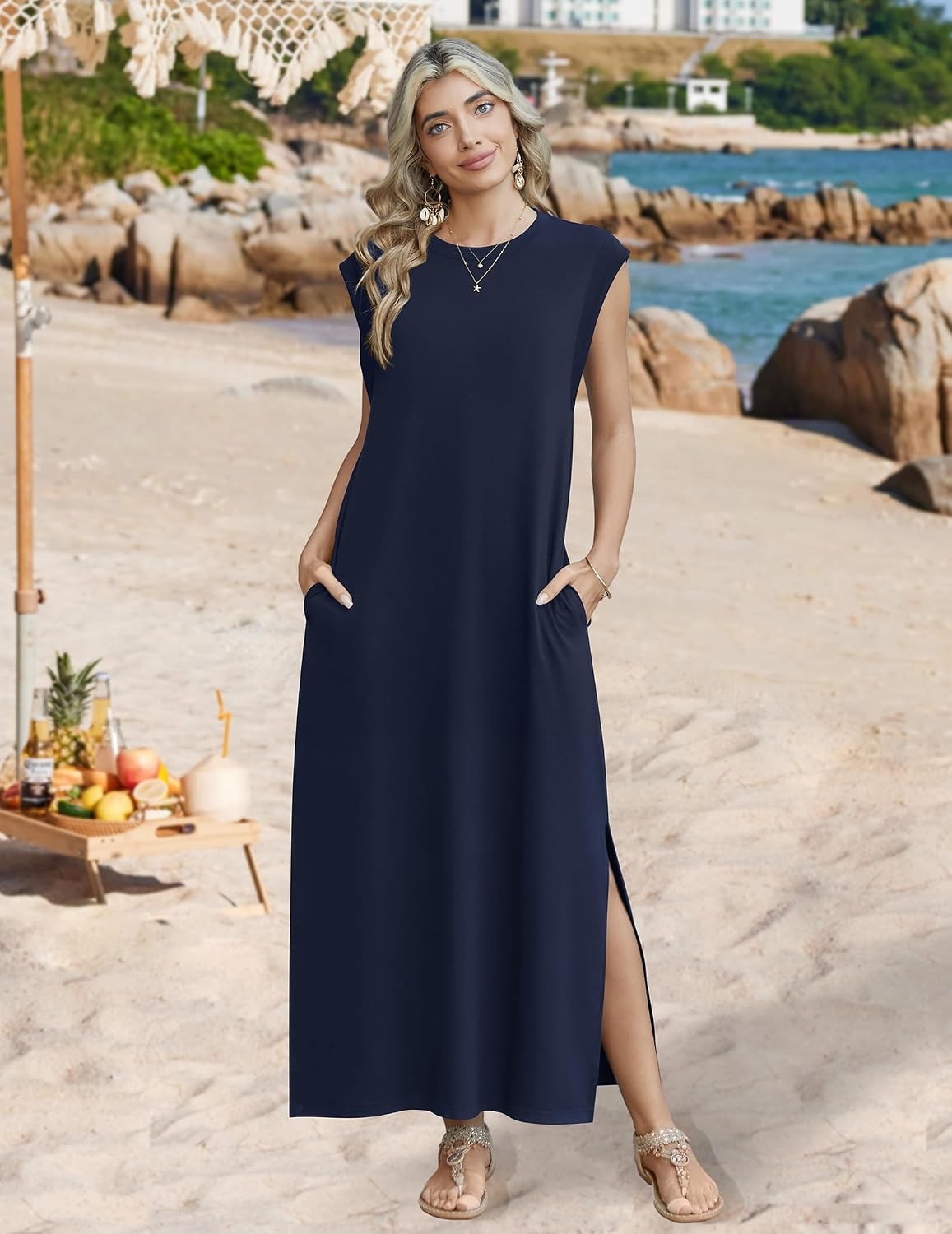 image:imageZeagoo Summer Dresses for Women 2026 Long Maxi Sundresses Loose Split WrinkleFree Beach Travel Vacation ClothesA02blue