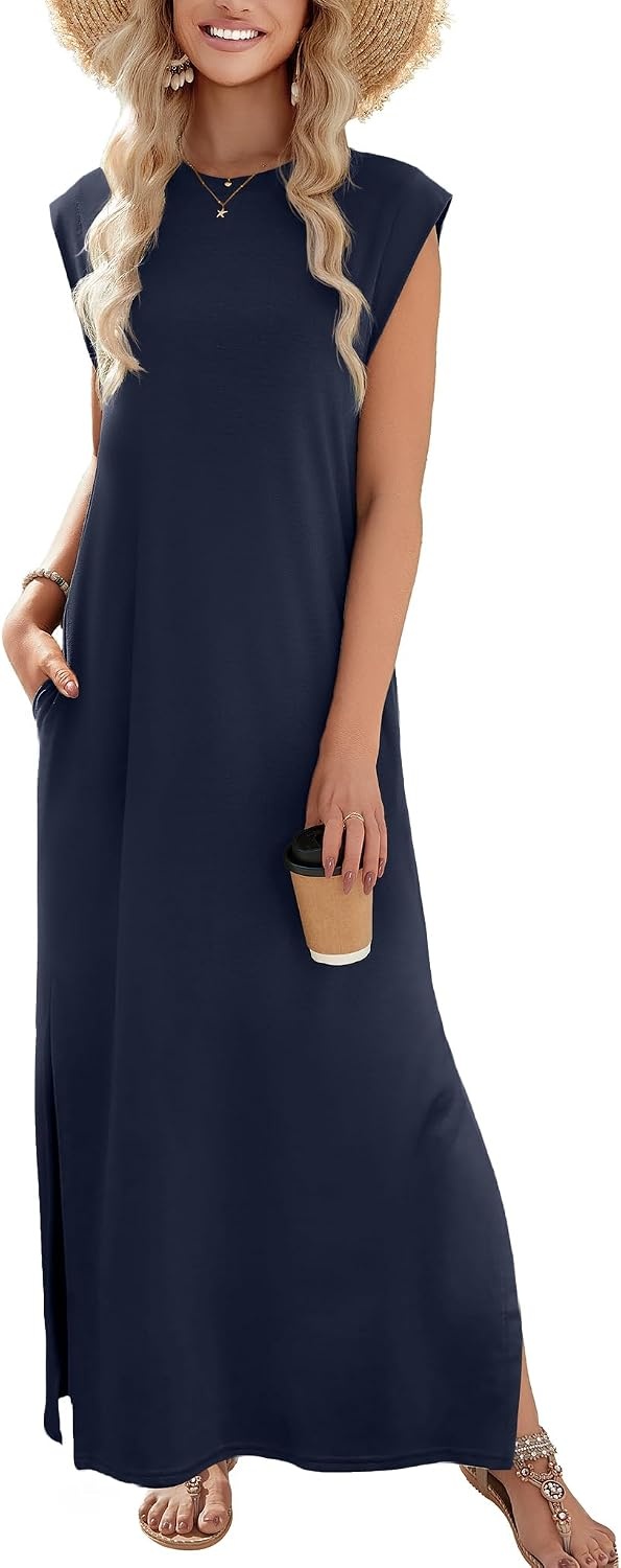 image:imageZeagoo Summer Dresses for Women 2026 Long Maxi Sundresses Loose Split WrinkleFree Beach Travel Vacation ClothesA02blue