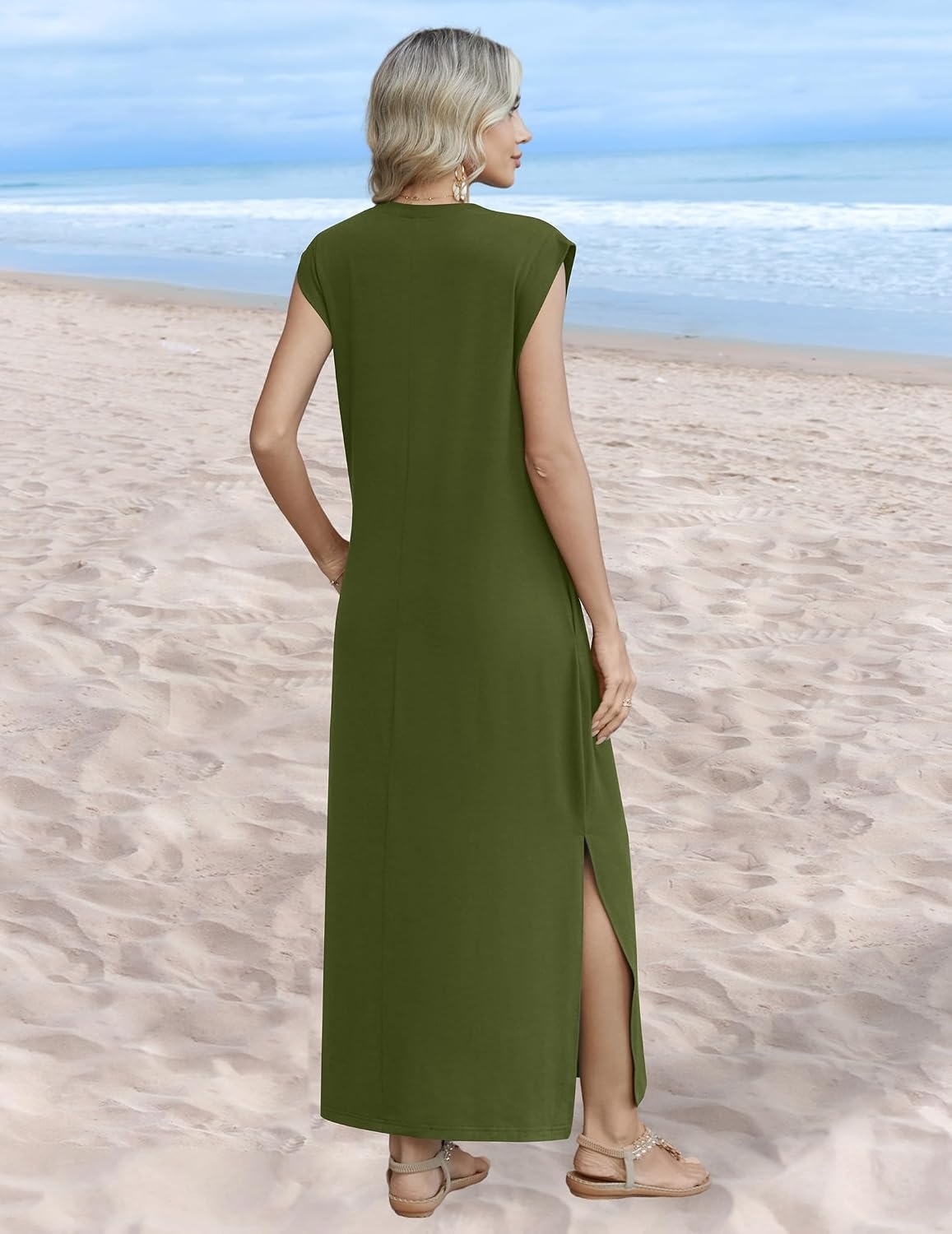 image:imageZeagoo Summer Dresses for Women 2026 Long Maxi Sundresses Loose Split WrinkleFree Beach Travel Vacation ClothesA03green