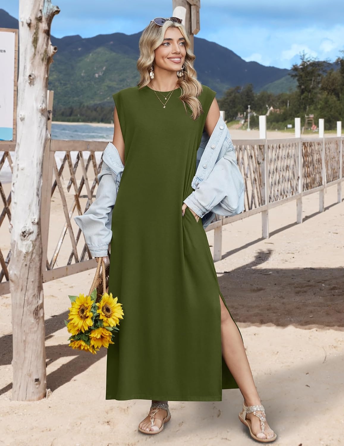 image:imageZeagoo Summer Dresses for Women 2026 Long Maxi Sundresses Loose Split WrinkleFree Beach Travel Vacation ClothesA03green