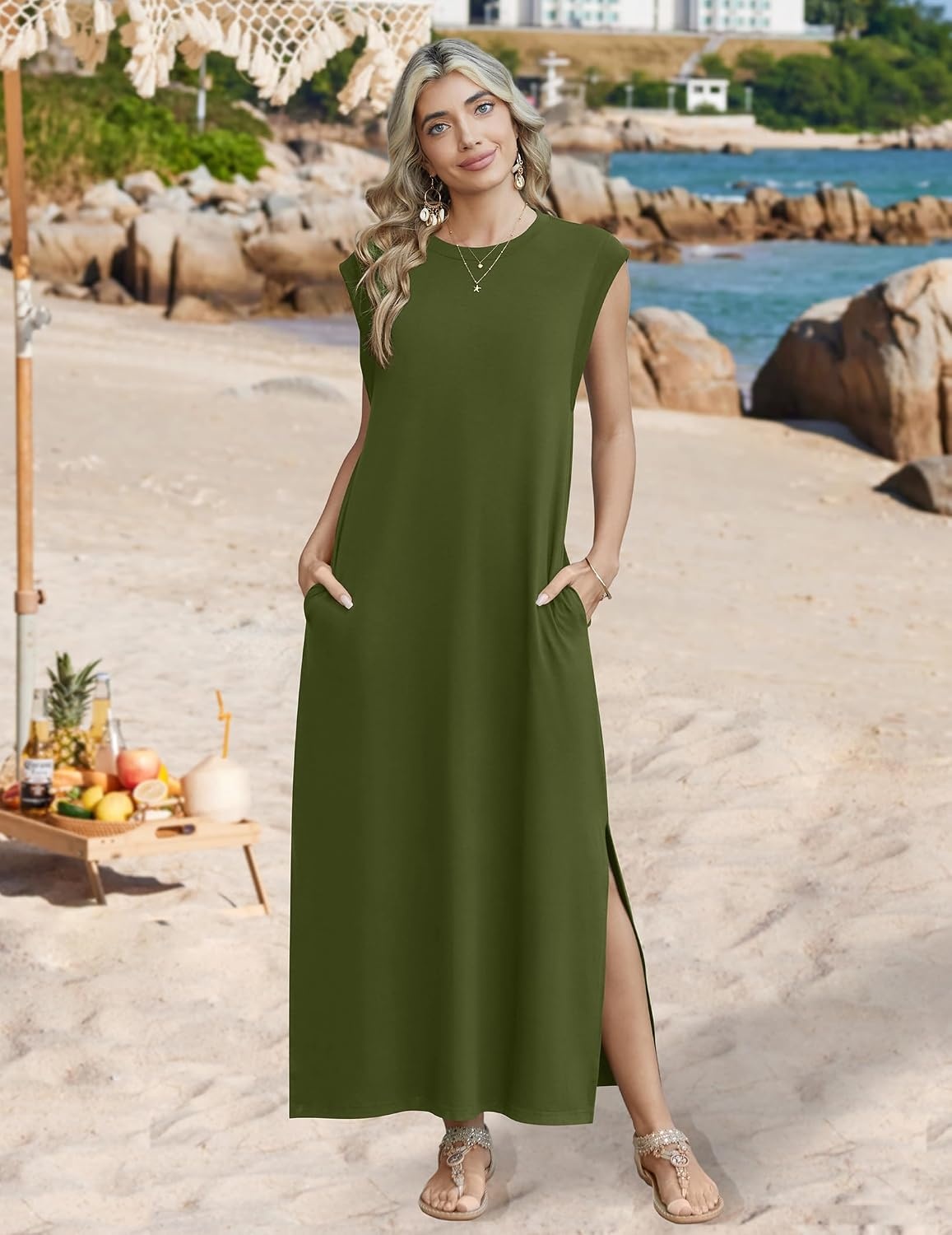 image:imageZeagoo Summer Dresses for Women 2026 Long Maxi Sundresses Loose Split WrinkleFree Beach Travel Vacation ClothesA03green