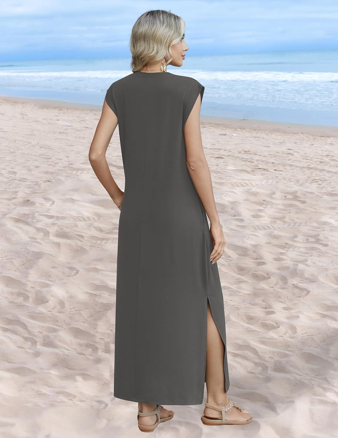 image:imageZeagoo Summer Dresses for Women 2026 Long Maxi Sundresses Loose Split WrinkleFree Beach Travel Vacation ClothesDark Gray