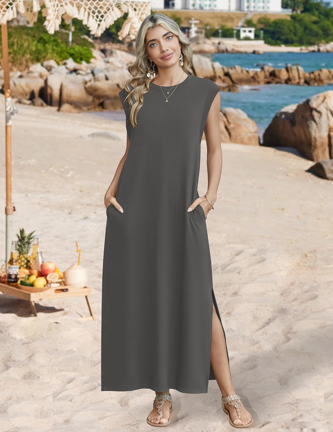 image:imageZeagoo Summer Dresses for Women 2026 Long Maxi Sundresses Loose Split WrinkleFree Beach Travel Vacation ClothesDark Gray