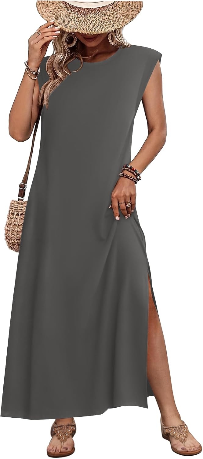 image:imageZeagoo Summer Dresses for Women 2026 Long Maxi Sundresses Loose Split WrinkleFree Beach Travel Vacation ClothesDark Gray
