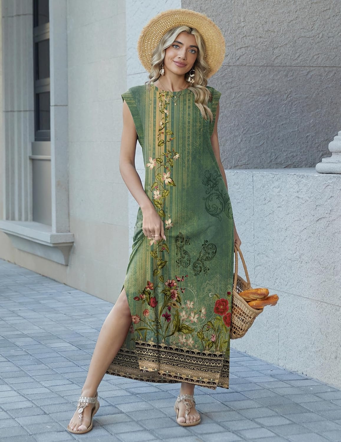 image:imageZeagoo Summer Dresses for Women 2026 Long Maxi Sundresses Loose Split WrinkleFree Beach Travel Vacation ClothesGreen Ethnic Pattern