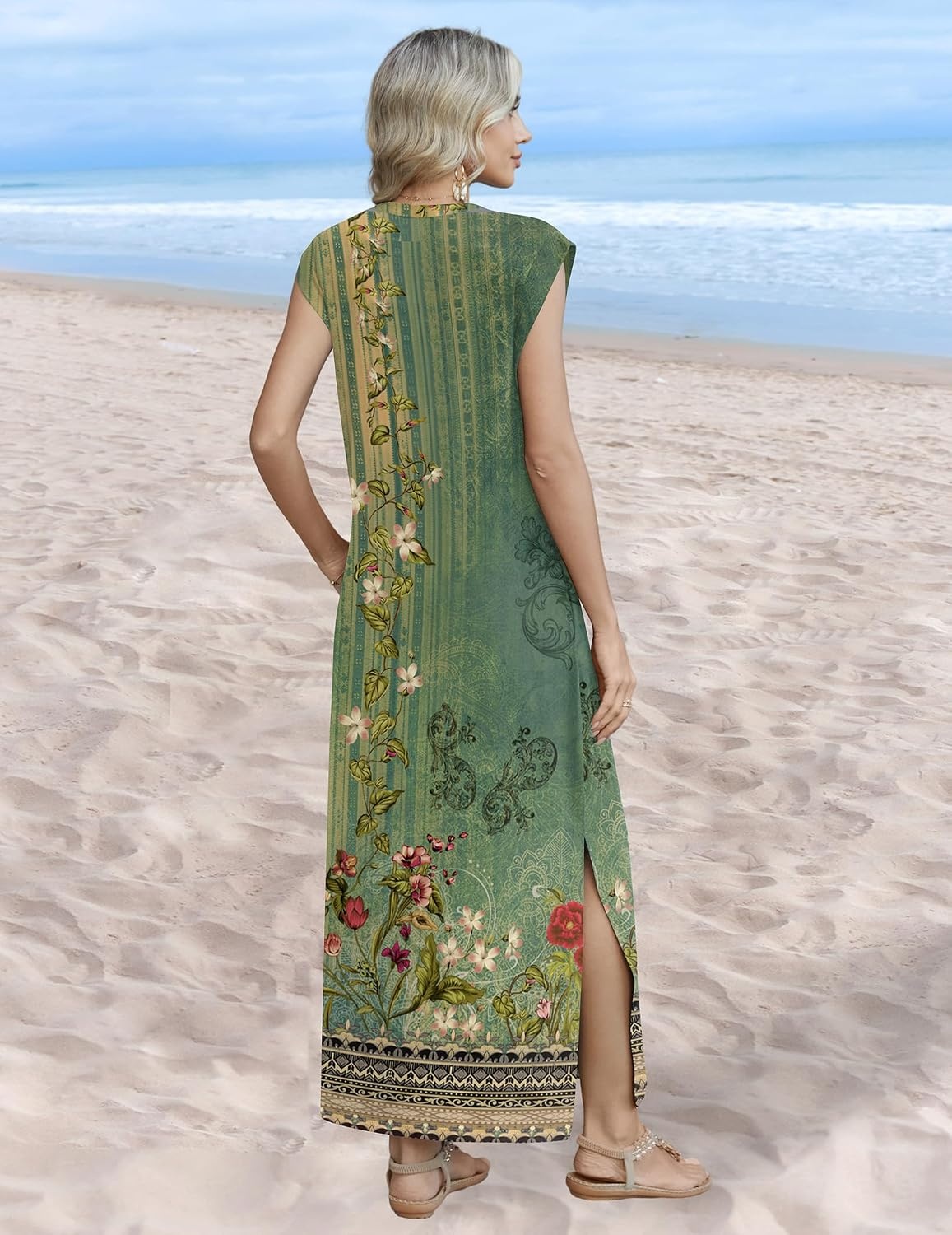 image:imageZeagoo Summer Dresses for Women 2026 Long Maxi Sundresses Loose Split WrinkleFree Beach Travel Vacation ClothesGreen Ethnic Pattern