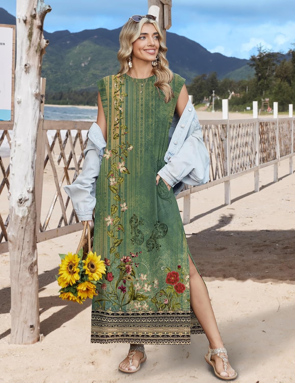 image:imageZeagoo Summer Dresses for Women 2026 Long Maxi Sundresses Loose Split WrinkleFree Beach Travel Vacation ClothesGreen Ethnic Pattern