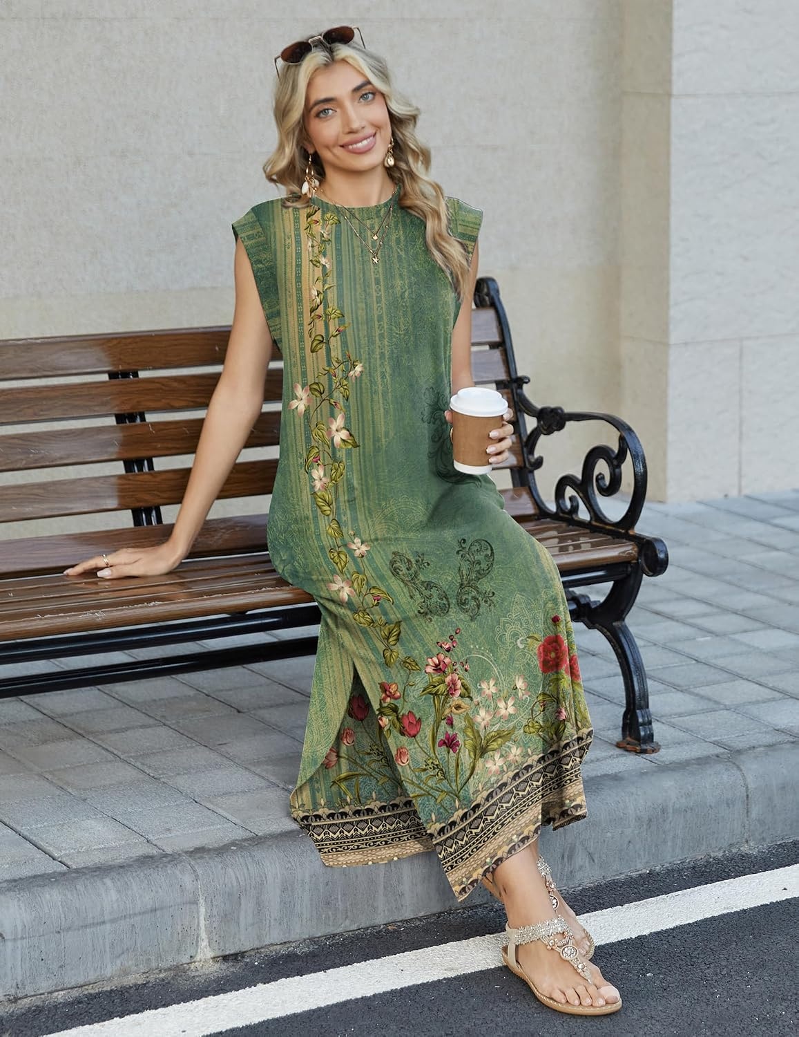 image:imageZeagoo Summer Dresses for Women 2026 Long Maxi Sundresses Loose Split WrinkleFree Beach Travel Vacation ClothesGreen Ethnic Pattern