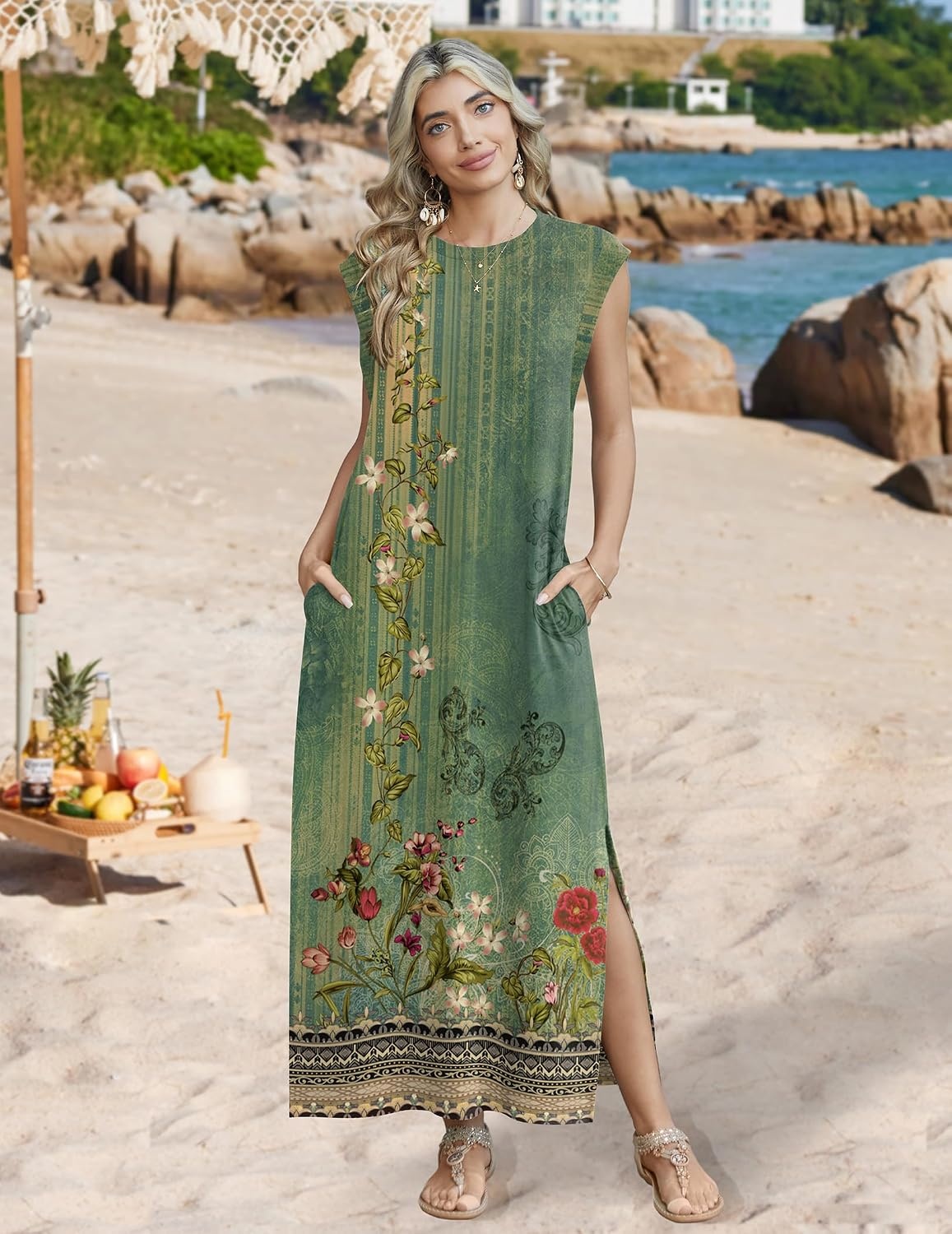 image:imageZeagoo Summer Dresses for Women 2026 Long Maxi Sundresses Loose Split WrinkleFree Beach Travel Vacation ClothesGreen Ethnic Pattern