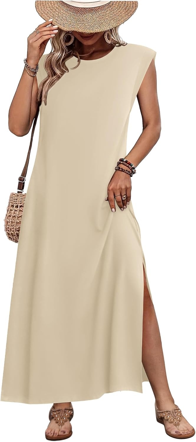 image:imageZeagoo Summer Dresses for Women 2026 Long Maxi Sundresses Loose Split WrinkleFree Beach Travel Vacation ClothesLight Brown