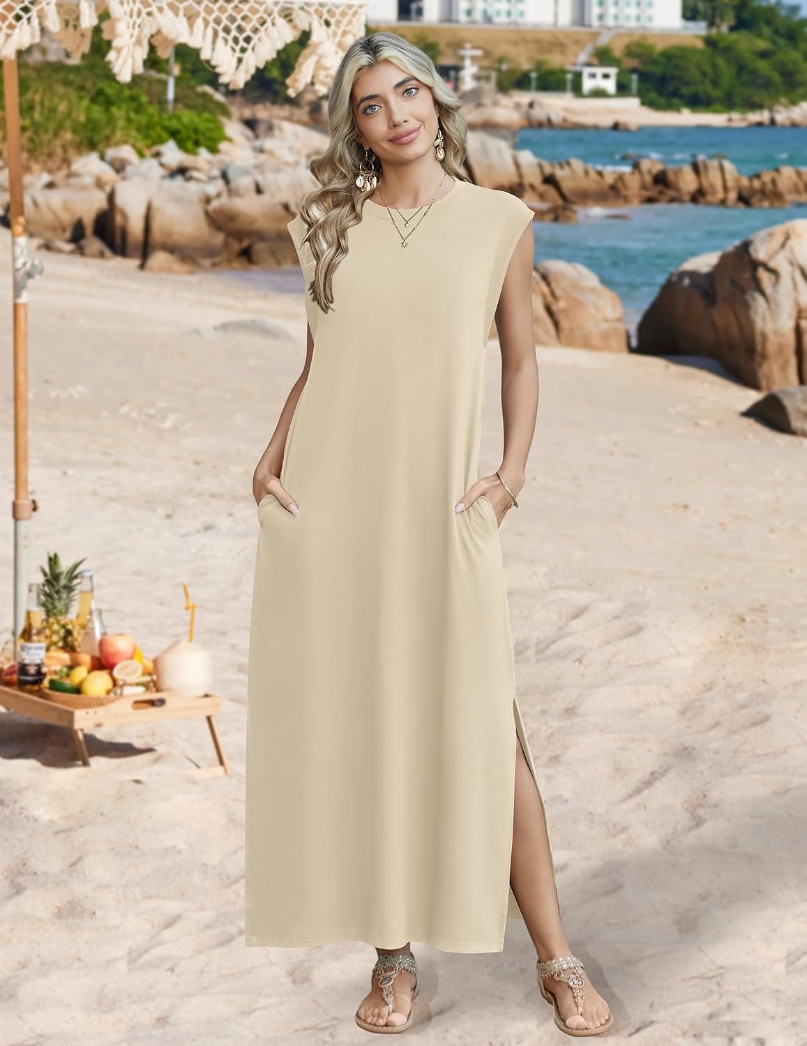 image:imageZeagoo Summer Dresses for Women 2026 Long Maxi Sundresses Loose Split WrinkleFree Beach Travel Vacation ClothesLight Brown