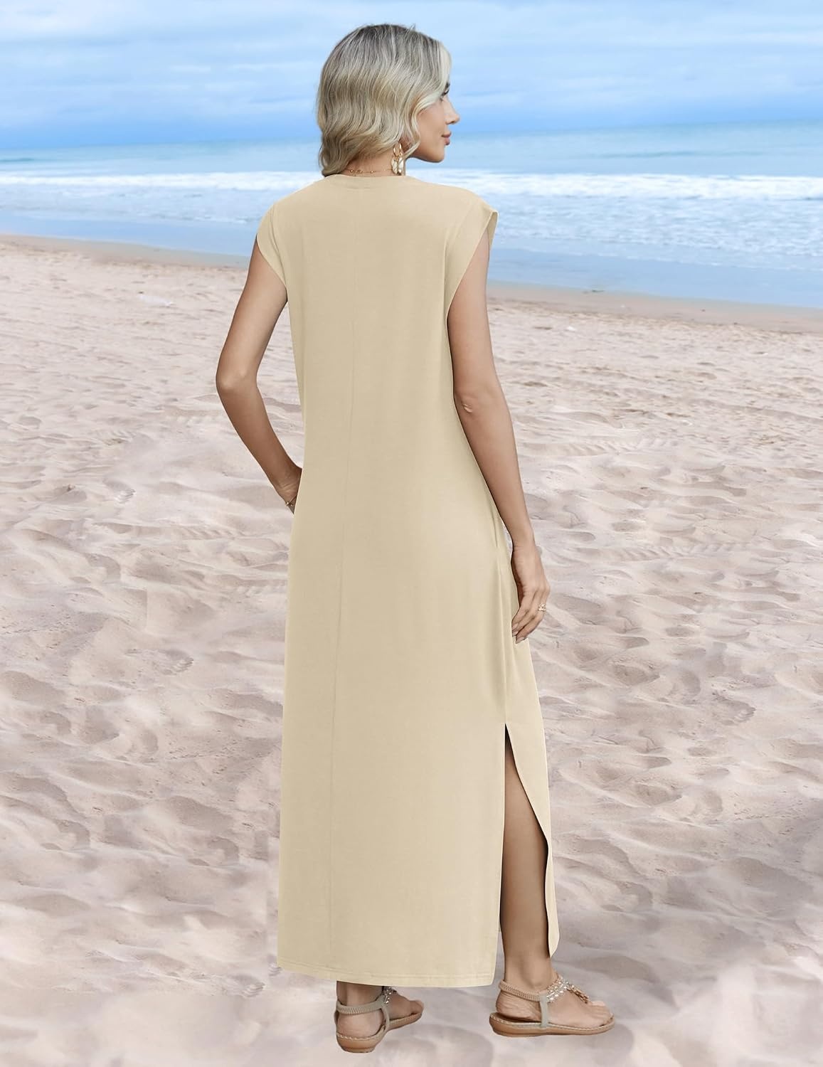 image:imageZeagoo Summer Dresses for Women 2026 Long Maxi Sundresses Loose Split WrinkleFree Beach Travel Vacation ClothesLight Brown