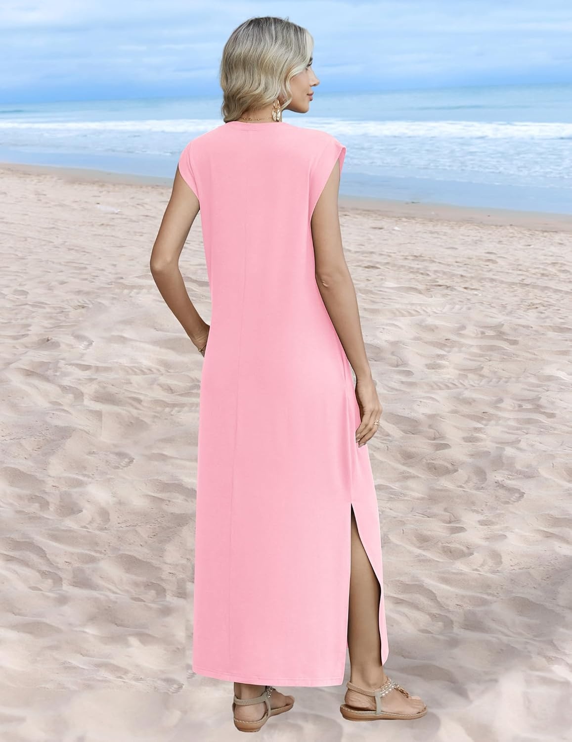 image:imageZeagoo Summer Dresses for Women 2026 Long Maxi Sundresses Loose Split WrinkleFree Beach Travel Vacation ClothesLight Rose