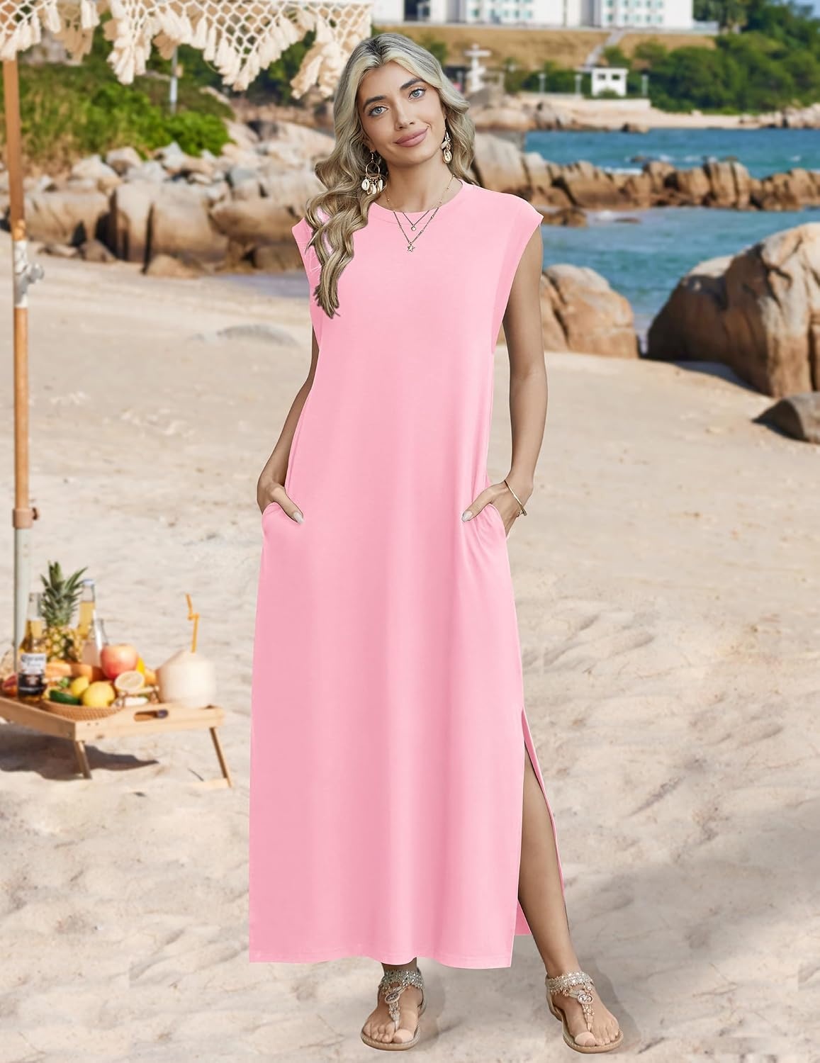 image:imageZeagoo Summer Dresses for Women 2026 Long Maxi Sundresses Loose Split WrinkleFree Beach Travel Vacation ClothesLight Rose
