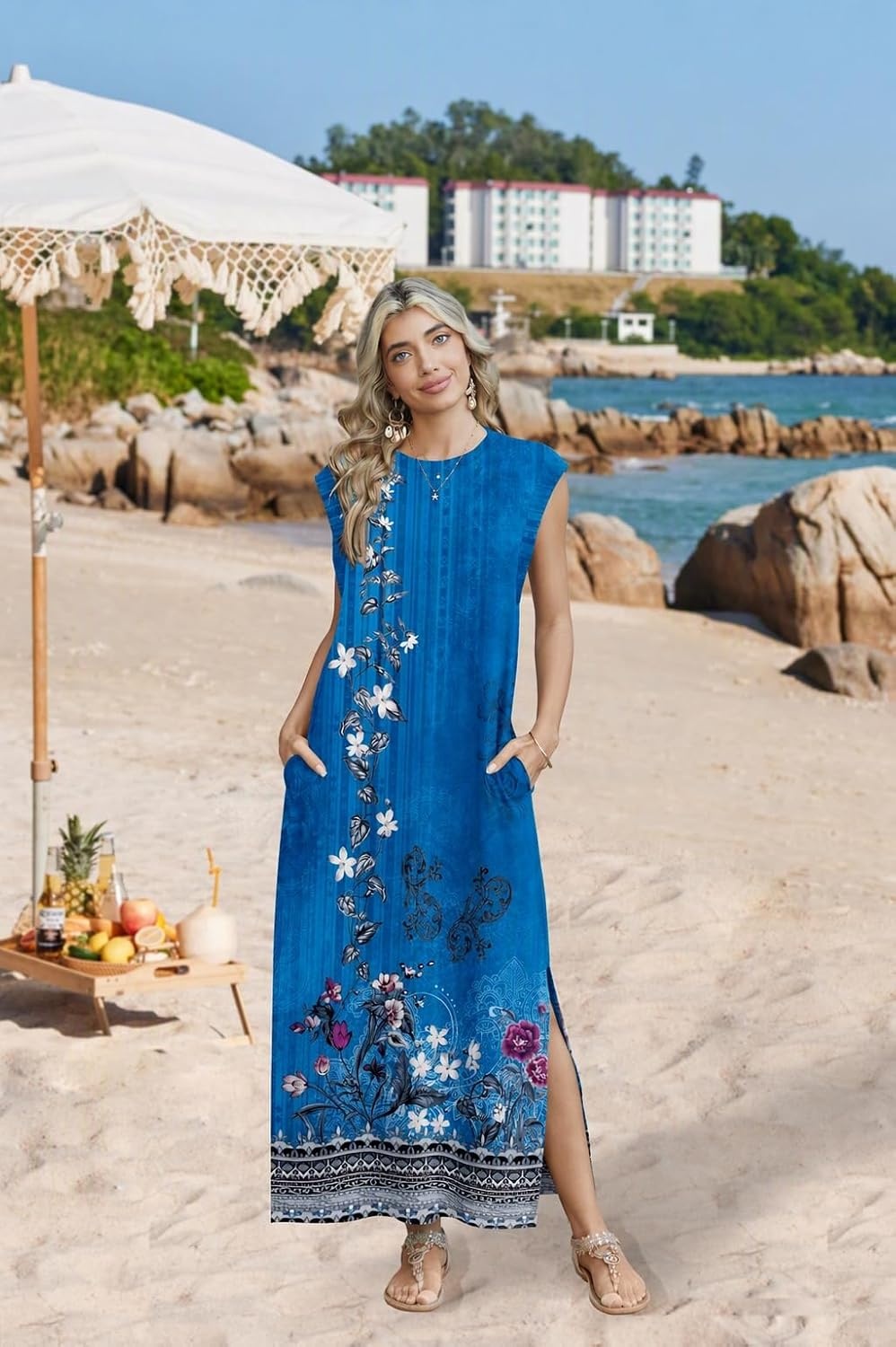 image:imageZeagoo Summer Dresses for Women 2026 Long Maxi Sundresses Loose Split WrinkleFree Beach Travel Vacation ClothesMz844