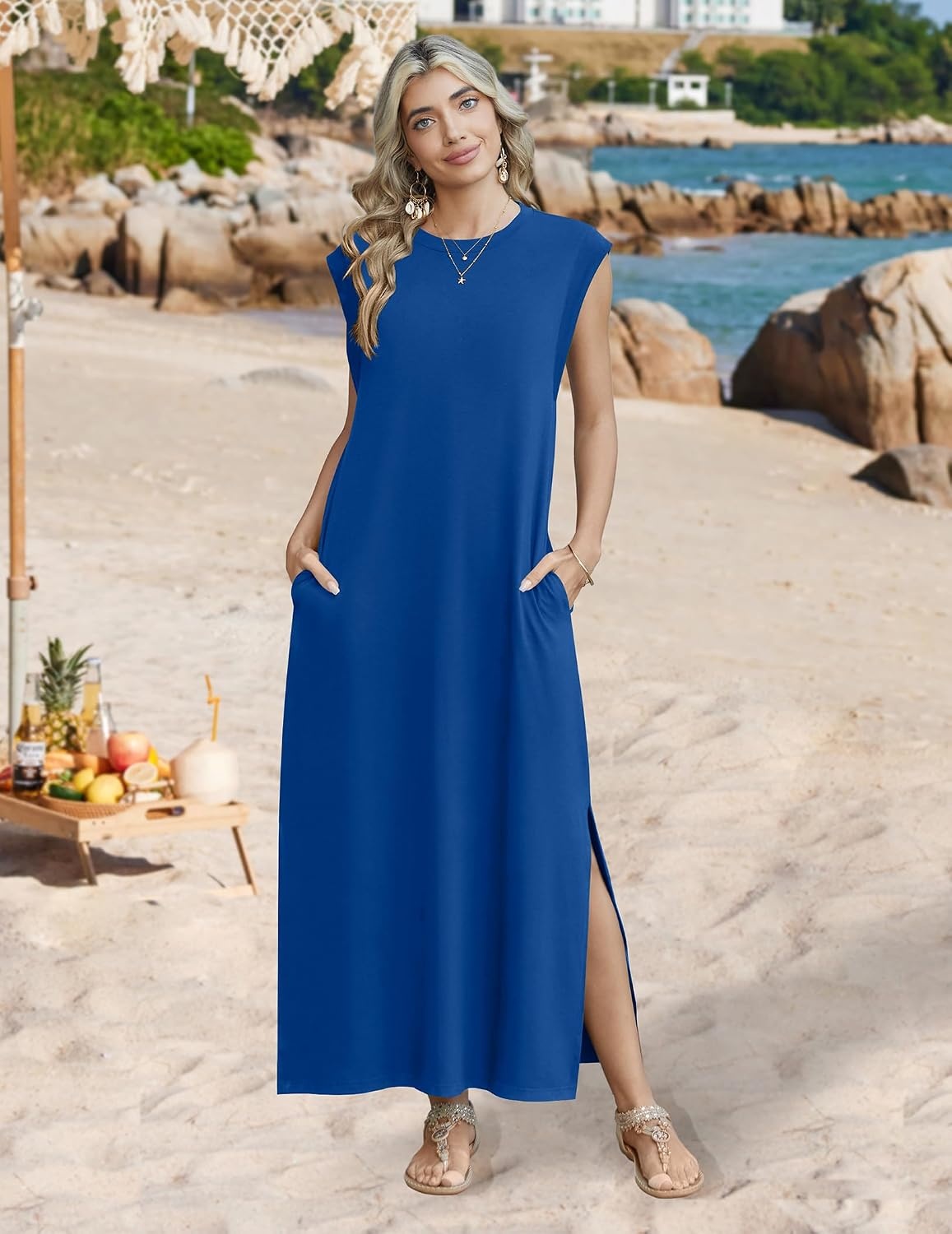 image:imageZeagoo Summer Dresses for Women 2026 Long Maxi Sundresses Loose Split WrinkleFree Beach Travel Vacation ClothesNavy Blue