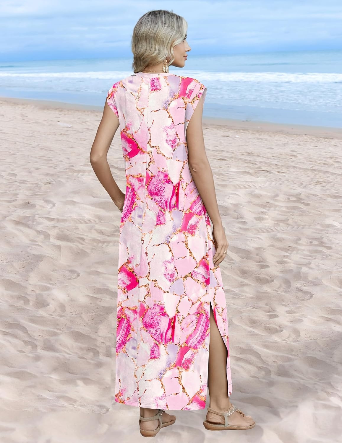 image:imageZeagoo Summer Dresses for Women 2026 Long Maxi Sundresses Loose Split WrinkleFree Beach Travel Vacation ClothesPink Marble Pattern