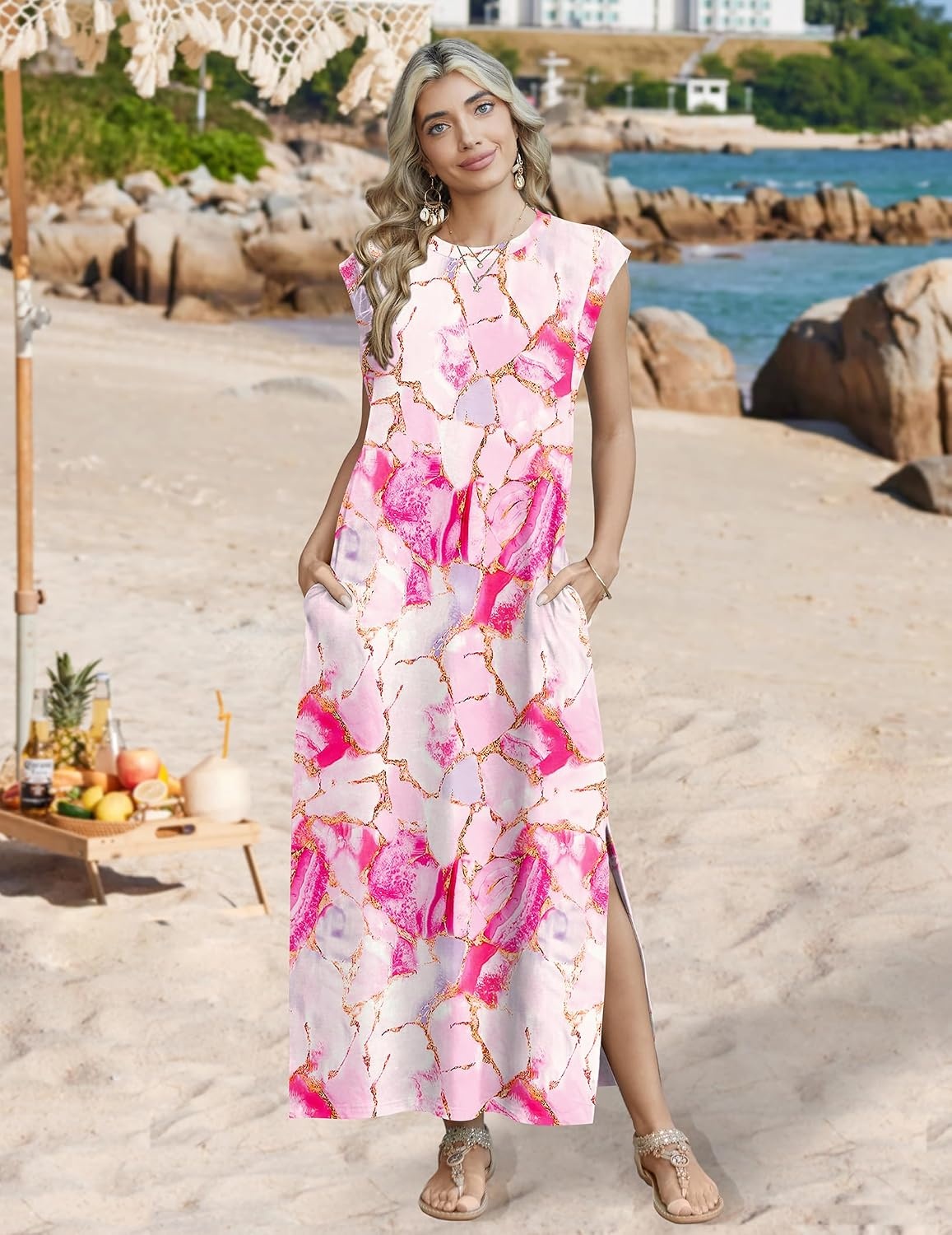 image:imageZeagoo Summer Dresses for Women 2026 Long Maxi Sundresses Loose Split WrinkleFree Beach Travel Vacation ClothesPink Marble Pattern