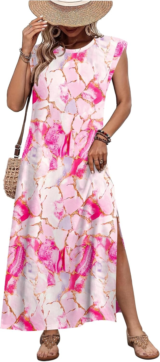 image:imageZeagoo Summer Dresses for Women 2026 Long Maxi Sundresses Loose Split WrinkleFree Beach Travel Vacation ClothesPink Marble Pattern