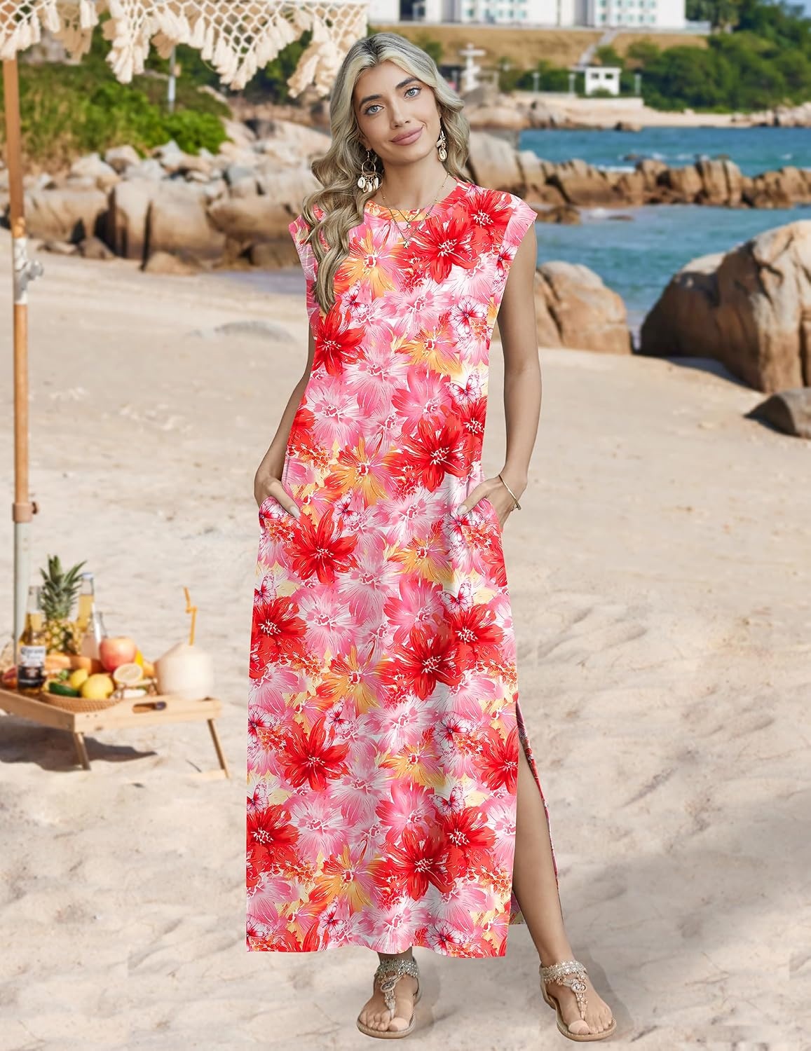image:imageZeagoo Summer Dresses for Women 2026 Long Maxi Sundresses Loose Split WrinkleFree Beach Travel Vacation ClothesRed Flowers